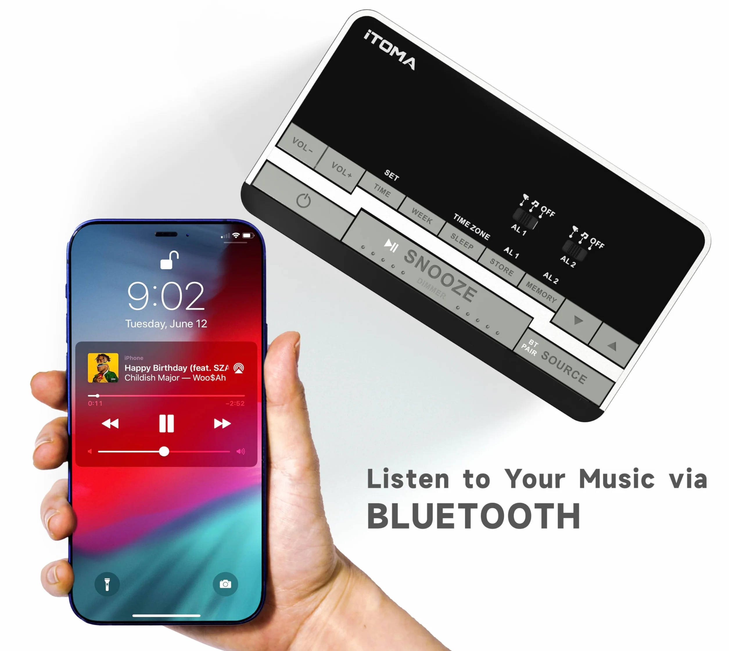 iTOMA Sveglia radio-altoparlanti stereo Bluetooth, radio FM, doppia sveglia, snooze, dimmer di luminosità, ricarica USB, sveglia per camera da letto ufficio 3501