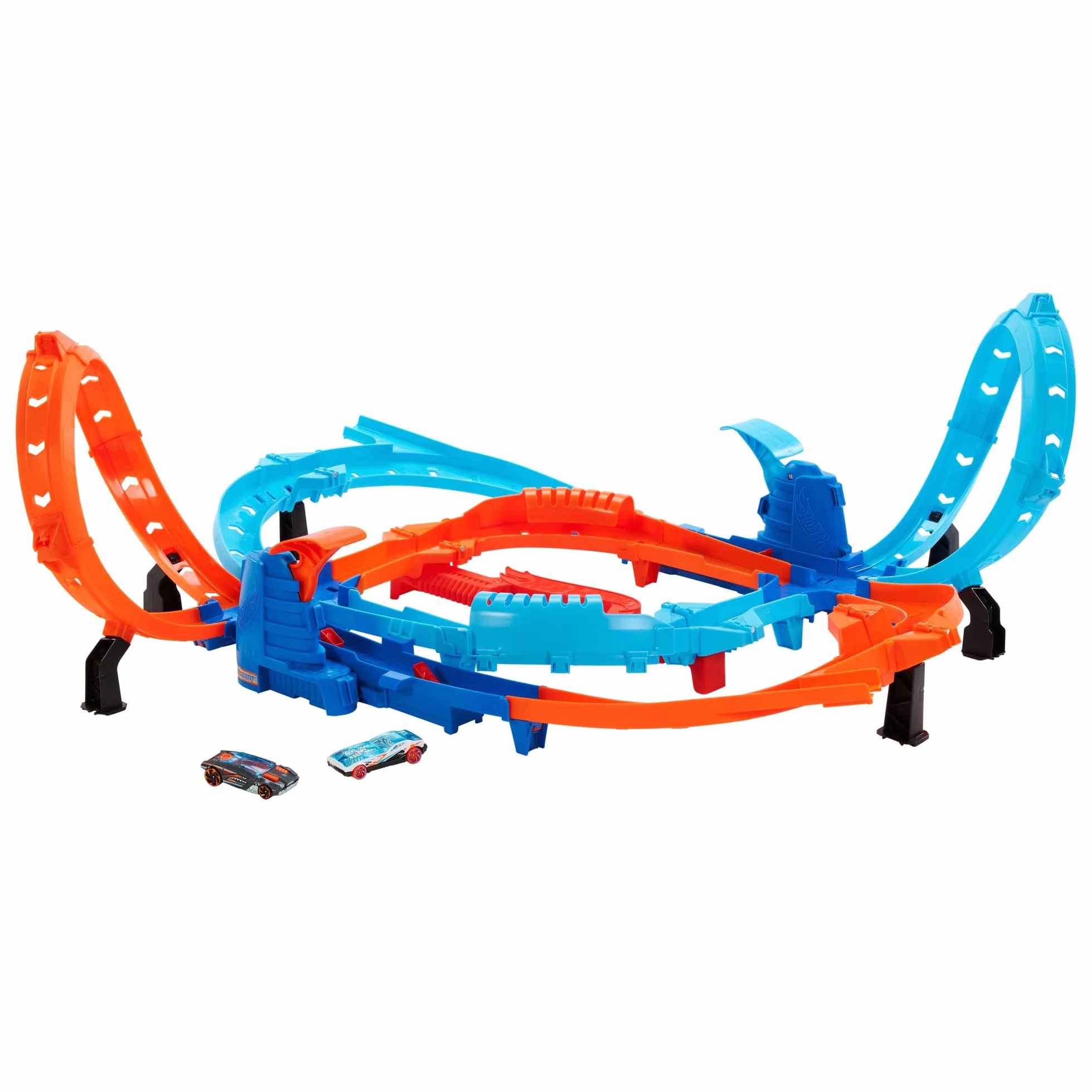 Hot Wheels Ultra Hots - Sfida Turbo Lanci, playset pista con 2 lanciatori azionabili, loop, incroci e zone di scontro, 2 macchinine incluse, giocattolo per bambini, 4+ anni, HXR71