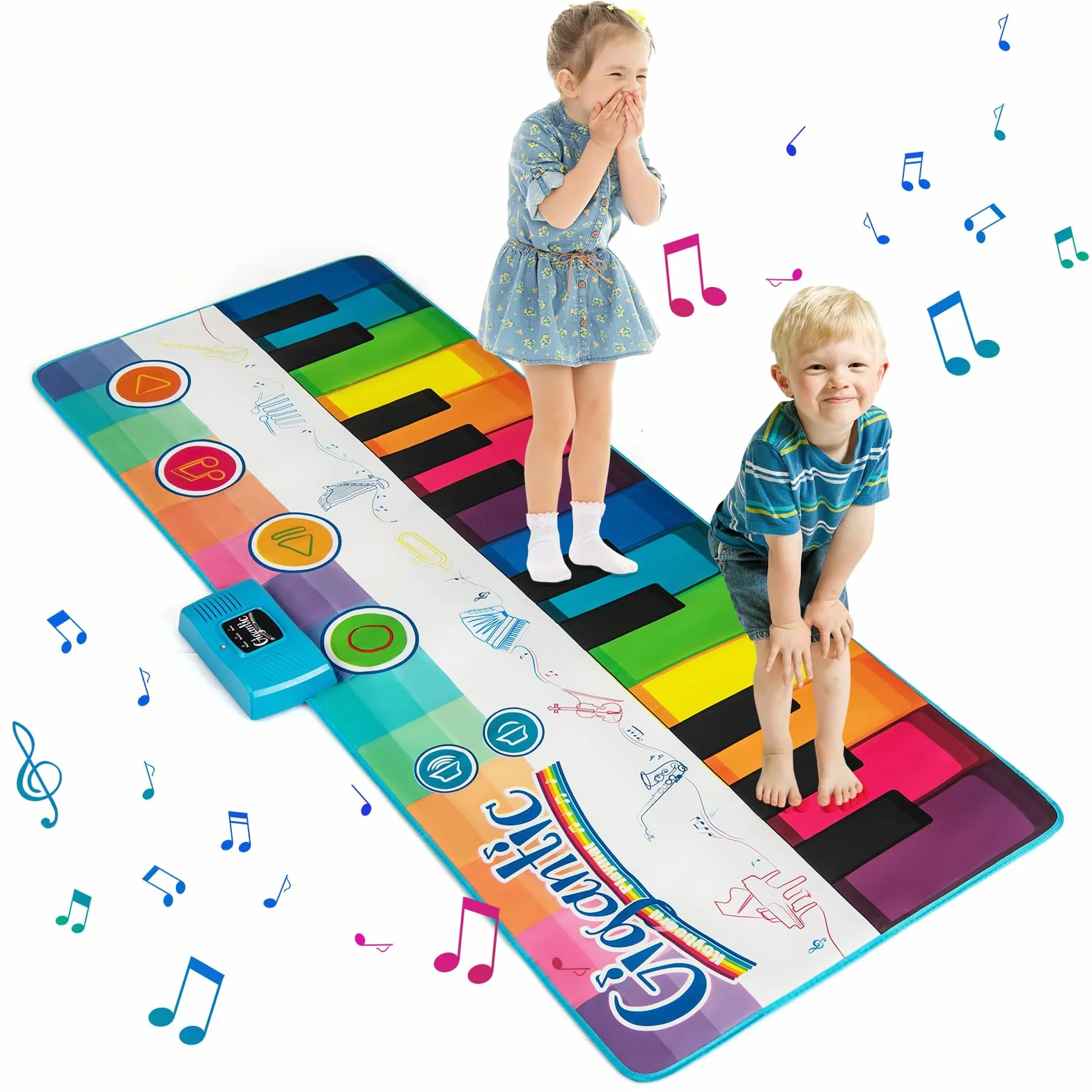GYMAX Tappeto Pianoforte da 181 CM, Grande Tappeto da Ballo con Pianoforte a Tastiera con 24 Tasti, 8 Suoni di Strumenti, 10 Canzoni, Riproduzione e Volume Regolabile, per Bambini 3+ Anni