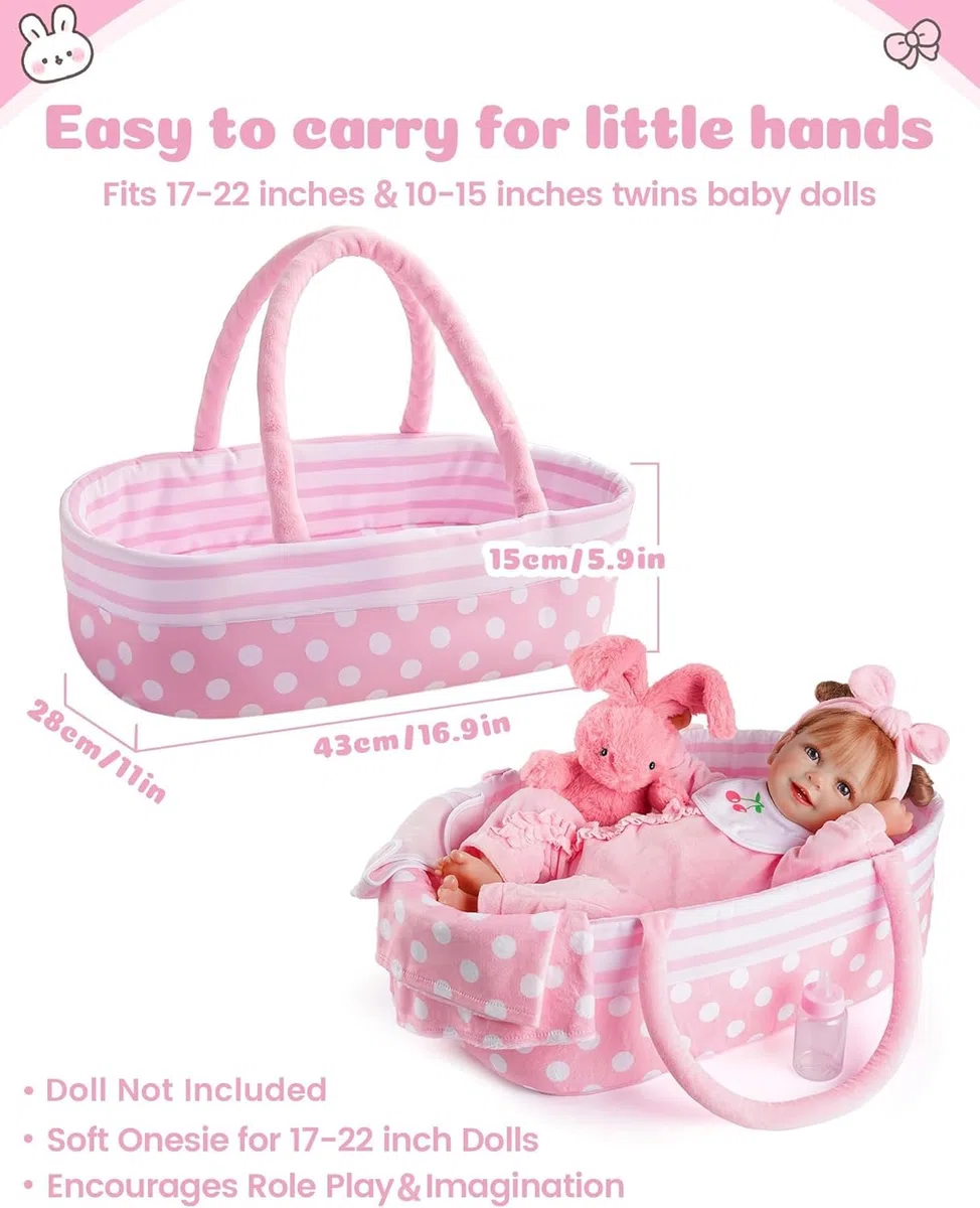 BABESIDE Vestiti per Rinato Bambino Bambole da 8 Pezzi con Culla Adatto a Bambole da 17-22 Pollici, Vestiti per Bambole, Accessori di Abbigliamento (rosa)