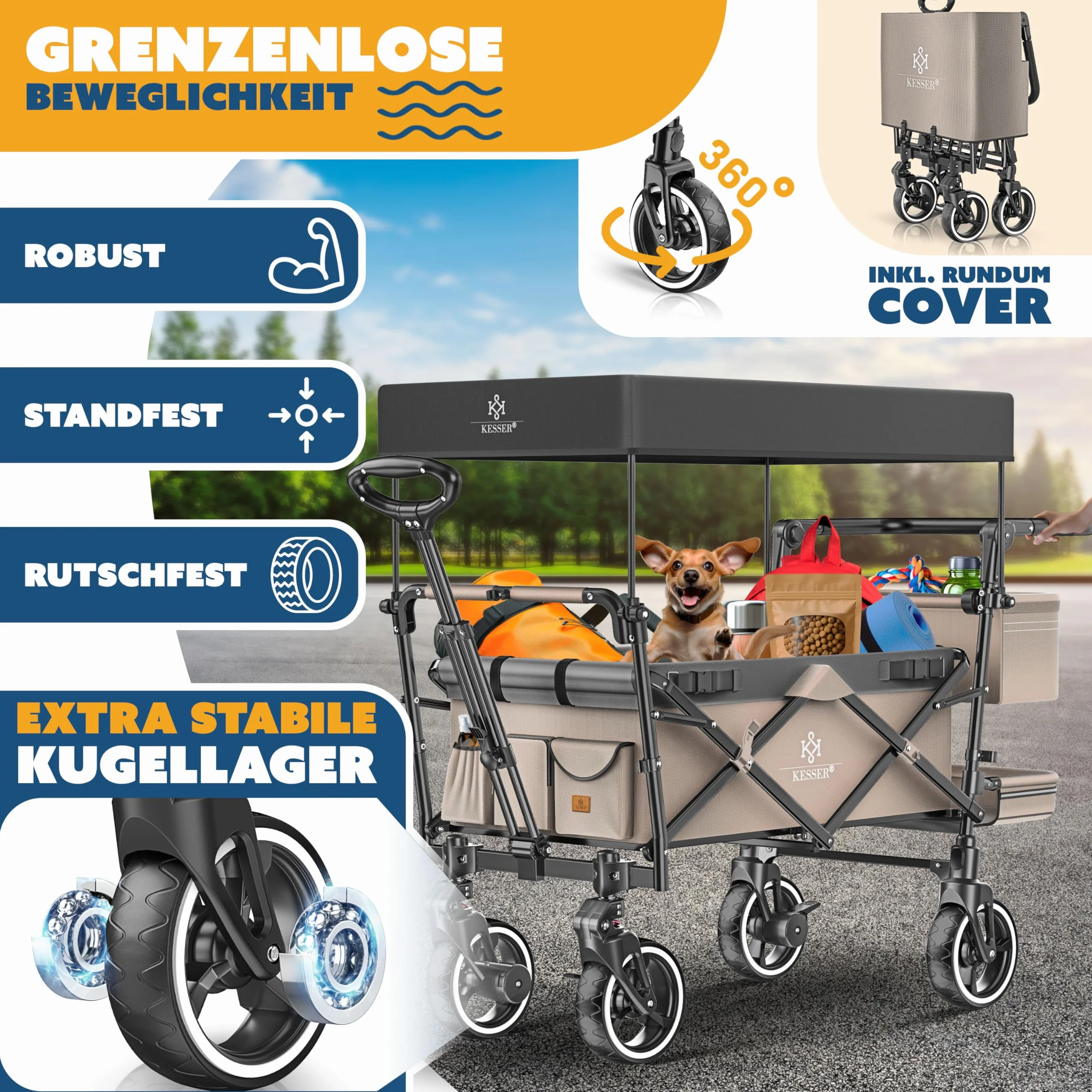 KESSER GTS-9100 - Carrello pieghevole con tetto, portata fino a 150 kg, con ruote in gomma dura e freni di stazionamento anteriore/posteriore, con serratura, copertura, intemperie e protezione da