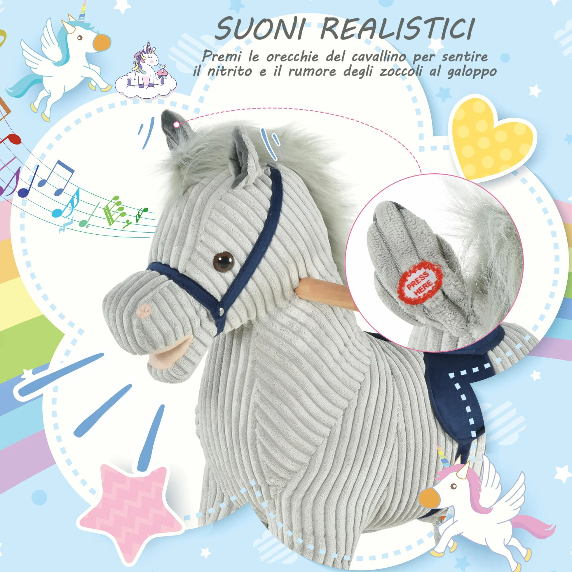 HOMCOM Cavallo a Dondolo per Bambini 3-6 Anni, Cavalluccio a Dondolo Interattivo Riproduce Suoni, in Peluche Grigio, 73x35x64cm