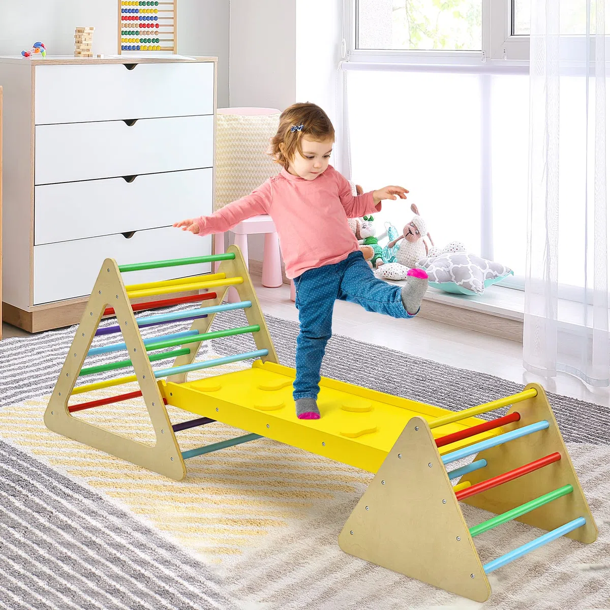 GYMAX Triangolo da Arrampicata per Bambini con Scivolo, Legno, Giocattolo a Scala, Esterno, Montessori, Colorato