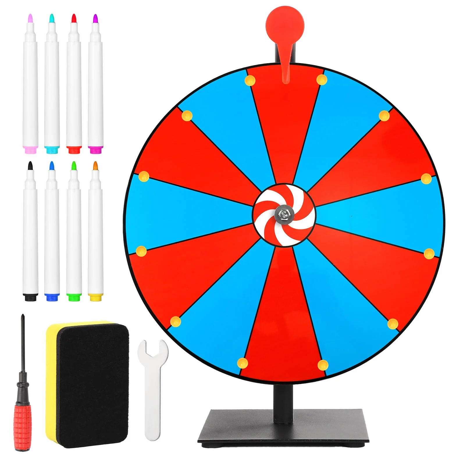 Kit Ruota dei Premi Girevole da 40cm, Ruota della Lotteria a 12 Slot con Supporto Ruota della Roulette Ruota da Tavolo per Carnevale Fiere Vinci Giochi di Giri della Fortuna (Rosso & Blu)