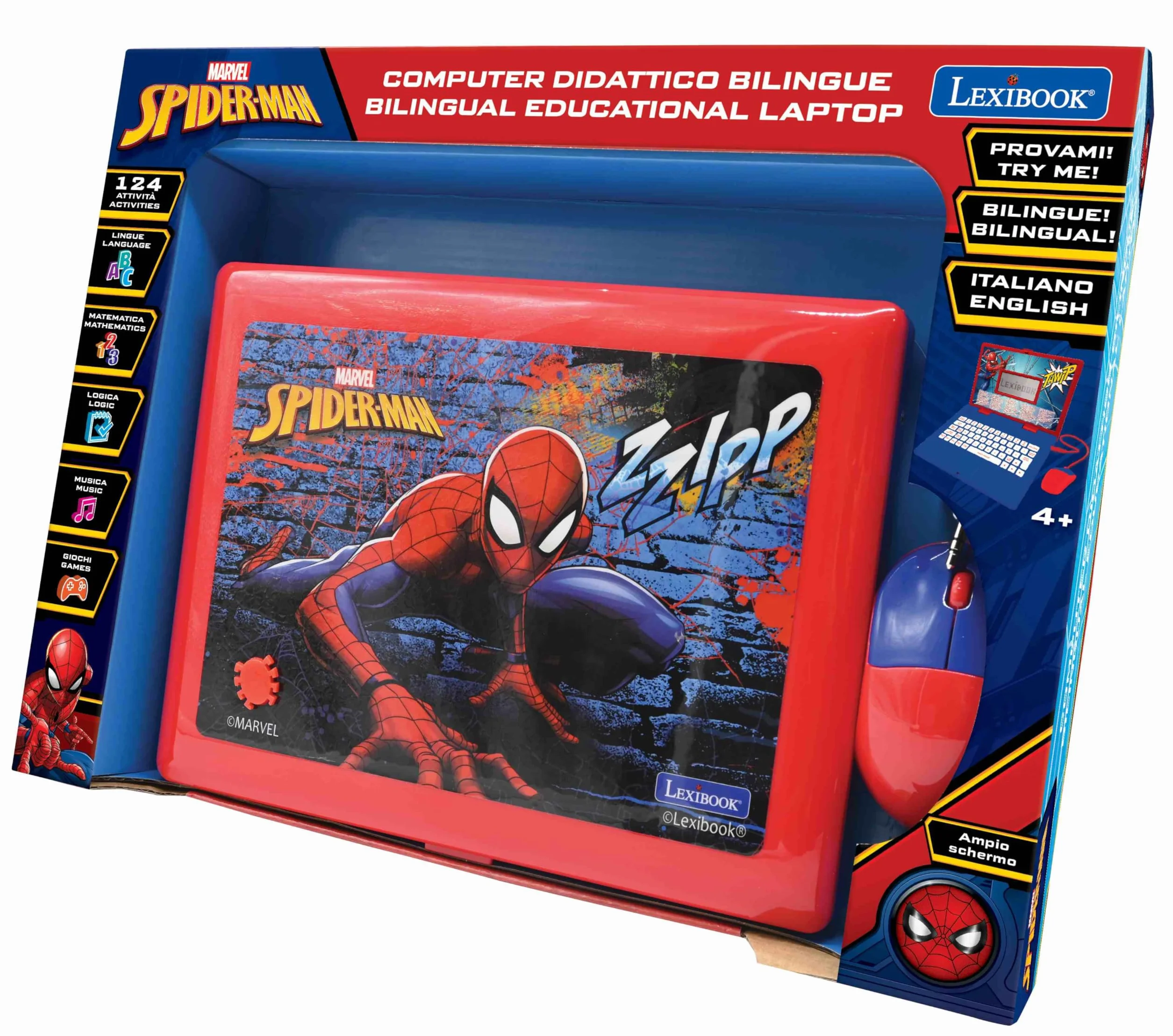 Lexibook - Spider-Man Computer Portatile educativo bilingue Italiano/Inglese - 124 attività per Un apprendimento Divertente e interattivo - Matematica, logica, Musica, Orologio - JC598SPi5LXB