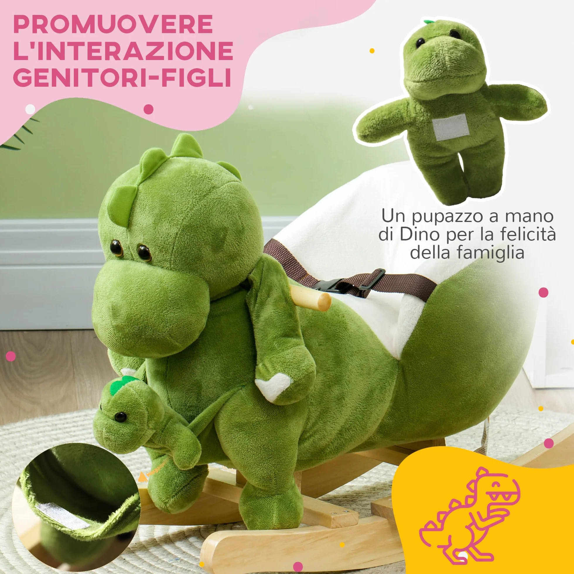 AIYAPLAY Cavallo a Dondolo per Bambini a Dinosauro con Marionetta, Cavallino Cavalcabile con Suoni e Rivestimento Morbido, Età 18-36 Mesi, Verde