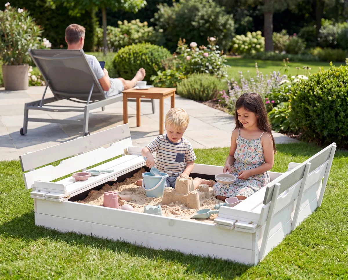 Design Sabbiera con copertura, panca e fondo, sabbiera quadrata in legno con panca, chiudibile, per esterni, giardino, per bambini, 120 x 120 cm, abete, bianco grigio argento