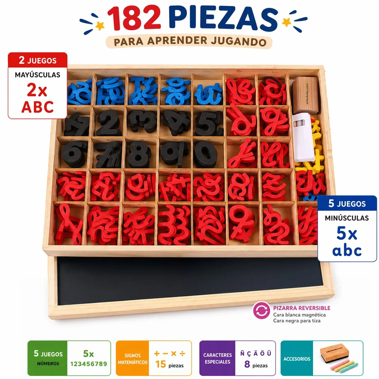 Lettere e numeri magnetici Montessori | Legato Cursive Mobile Legate. Maiuscole, minuscole e cifre in gomma EVA | Lavagna reversibile e scatola di legno | Gioco educativo Imparare a leggere e scrivere