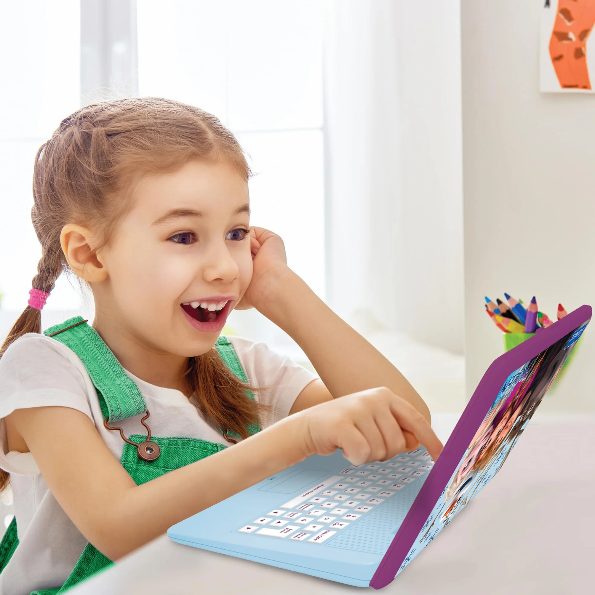 Lexibook, Frozen, Laptop bilingue ed educativo Spagnolo/Inglese, Giocattolo per Bambini, 170 attività da Imparare, Giocare e Musica, Schermo Grande, Viola/Blu, JC599FZi2