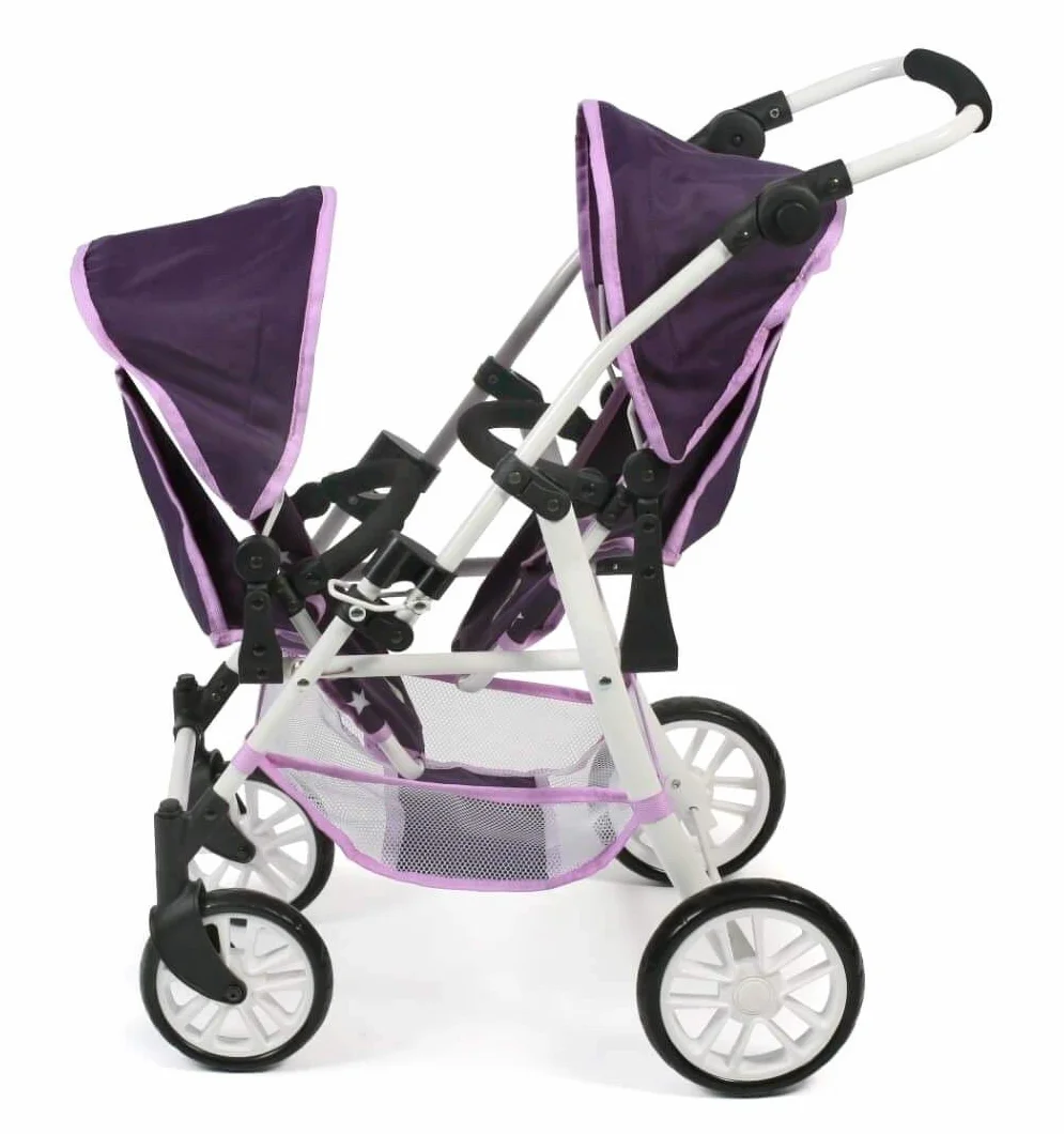Tandembuggy Twinny - Passeggino gemellare per due bambole, passeggino per bambini dai 4 agli 8 anni, motivo: stelle viola