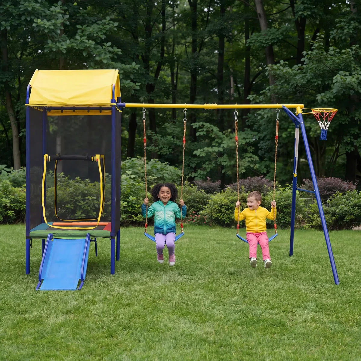 BTM Altalena da Giardino per Bambini Giochi da Giardino per Bambini Esterno con Trampolino, Altalena, Scivolo e Canestro da Basket