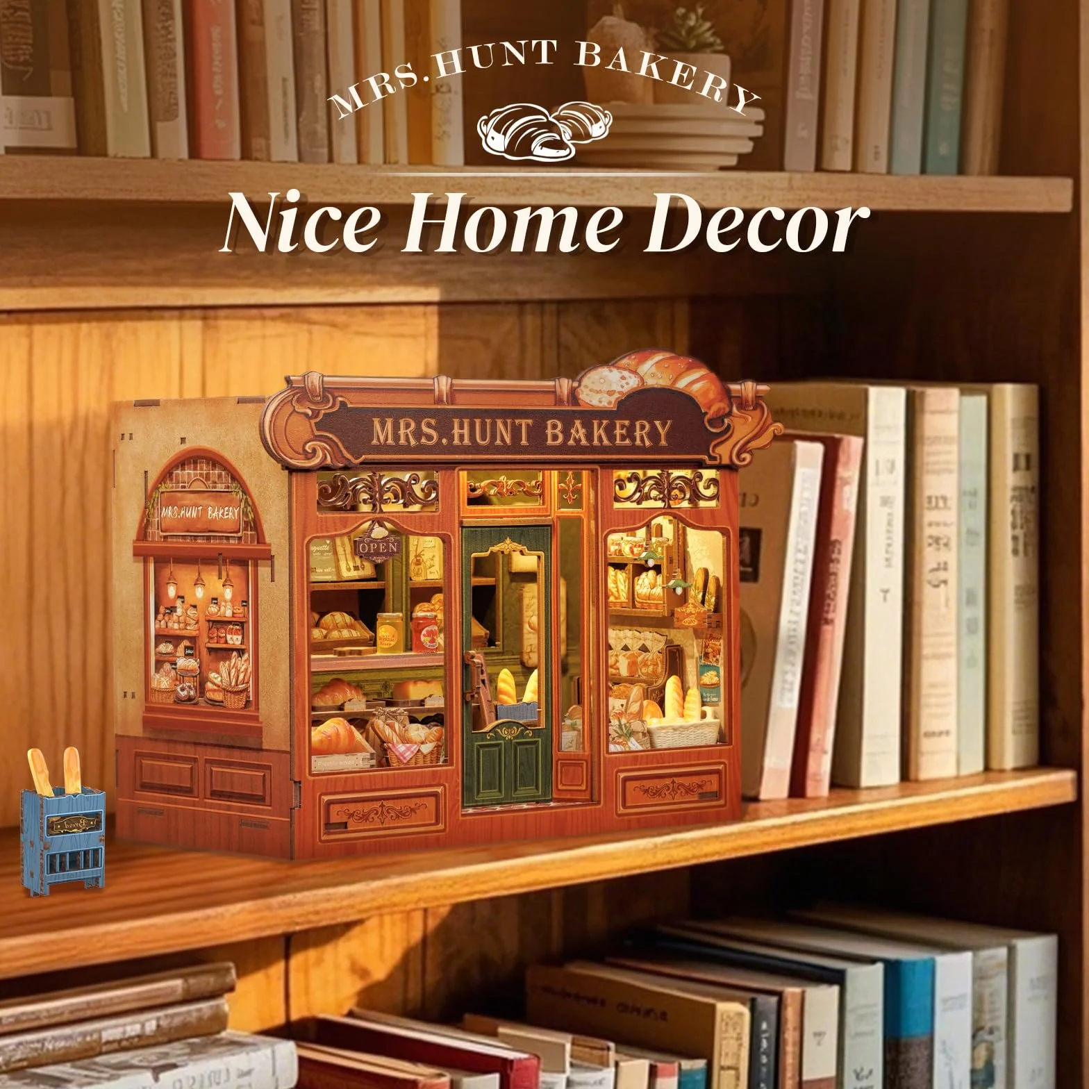 Cutefun DIY Case delle bambole Book Nook Model Kit, Reggilibri Scaffale Inserto Decorazione con Luce LED,Kit di Costruzione di Modellini in Legno per (MRS.HUNT BAKERY)