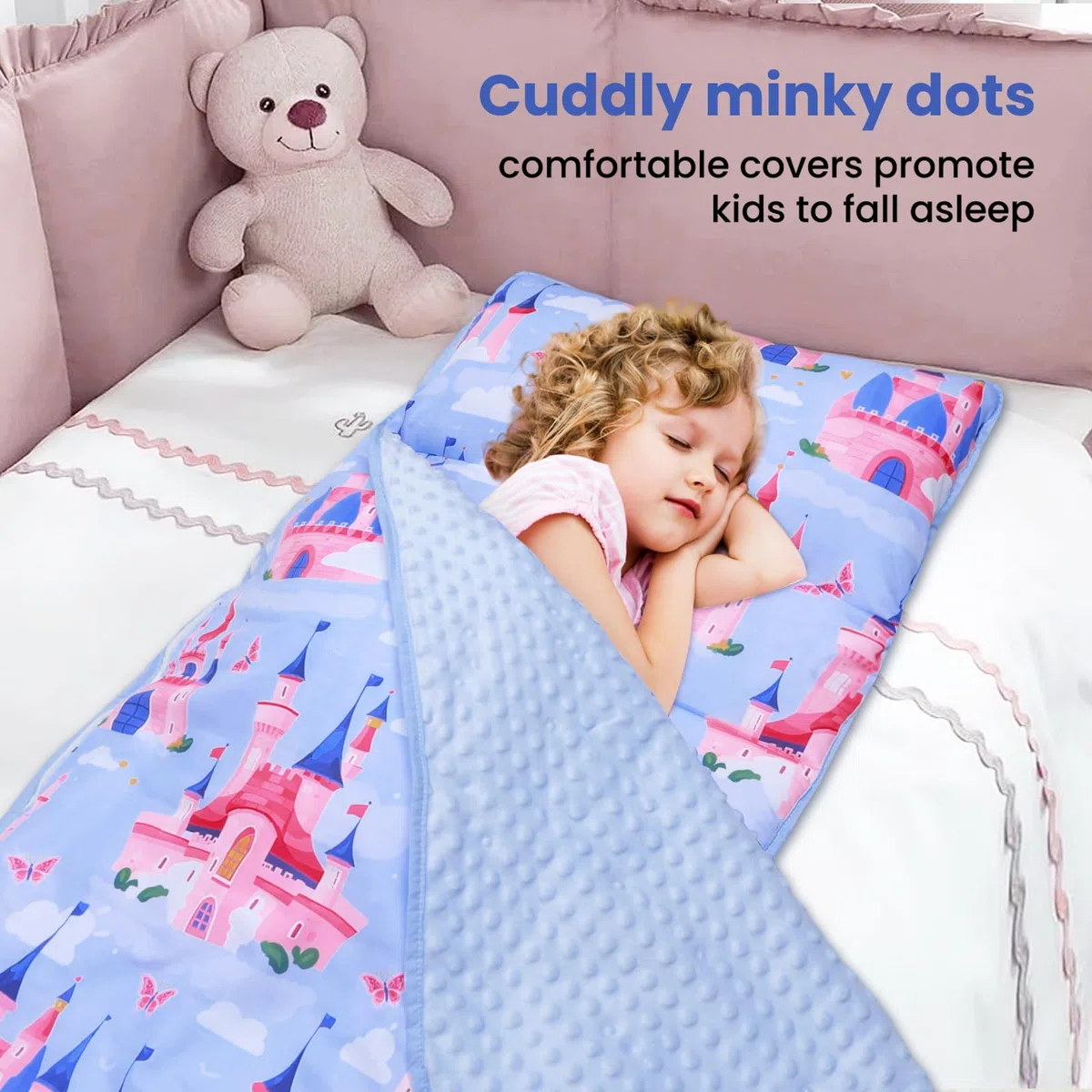 Nap Mat per Bambini con Cuscino e Coperta Rimovibili, Grande Extra Spesso 2 in 1 Sacco a Pelo Pieghevole per Ragazze Ragazzi, Nap Mats per Asilo Nido e Campeggio (Castello Blu)