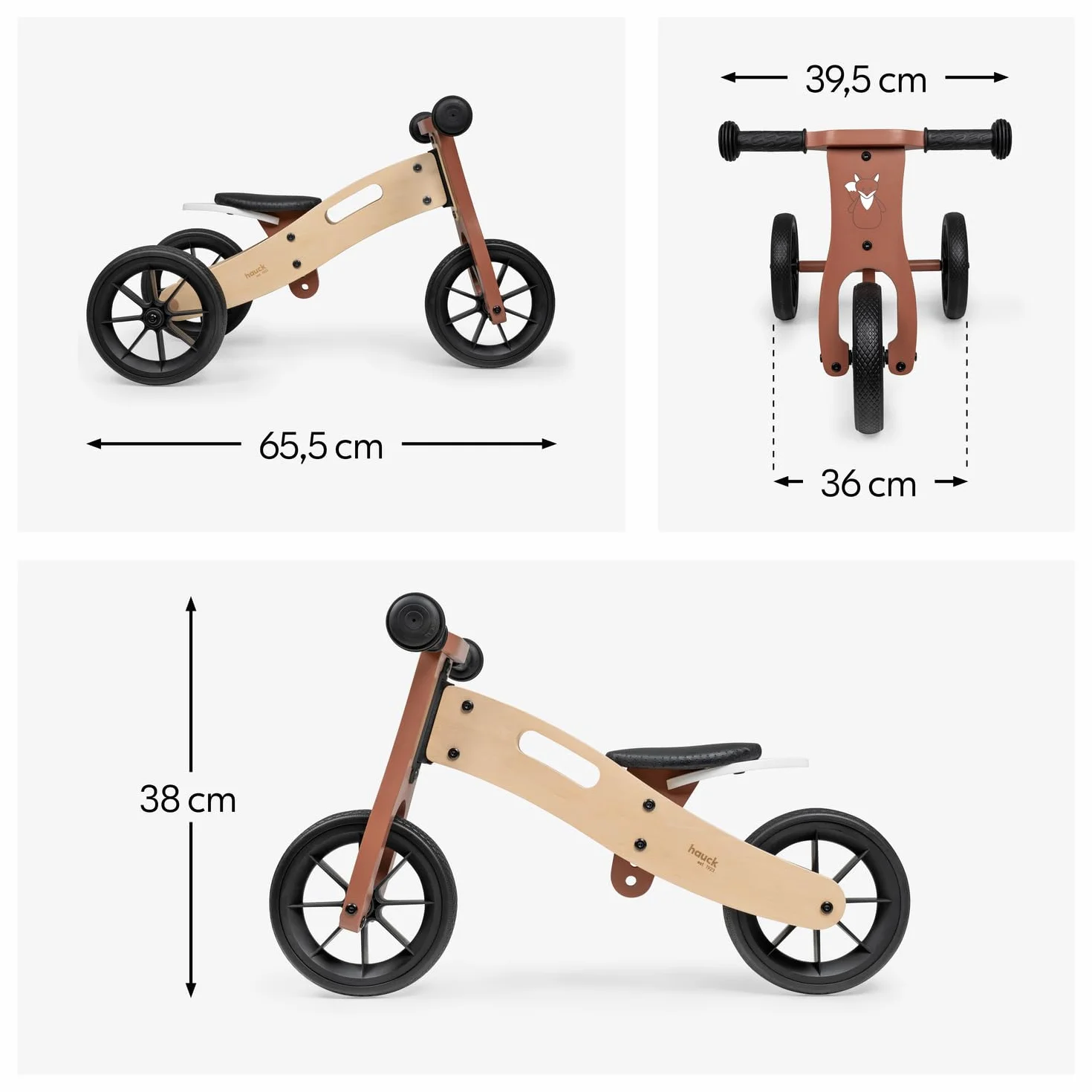 hauck First Ride Eco, Volpe - Triciclo e Bicicletta Senza Pedali Evolutivo in Legno per Bambini da 1 Anno Fino a 20 kg, Ruote 7,5 Pollici, Sella Regolabile in Altezza, con Manico di Trasporto