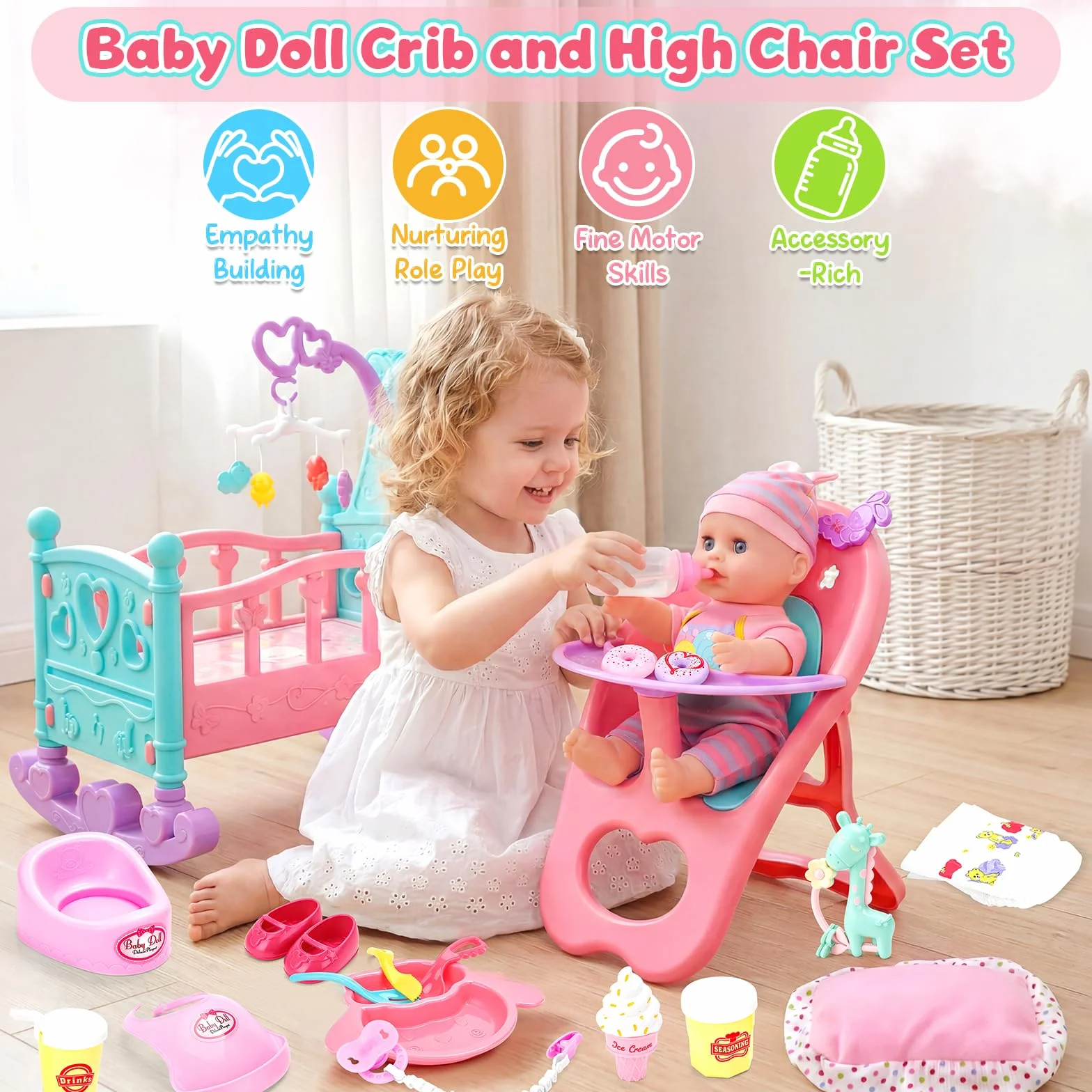 deAO Bambola con Accessori, Set da 21 Pezzi con Culla 12' Bambolotti Bebè Seggiolone e Lettino Giocattolo Educativo per Bambina 3+ Anni in su Idea Regalo per Natale o Compleanno