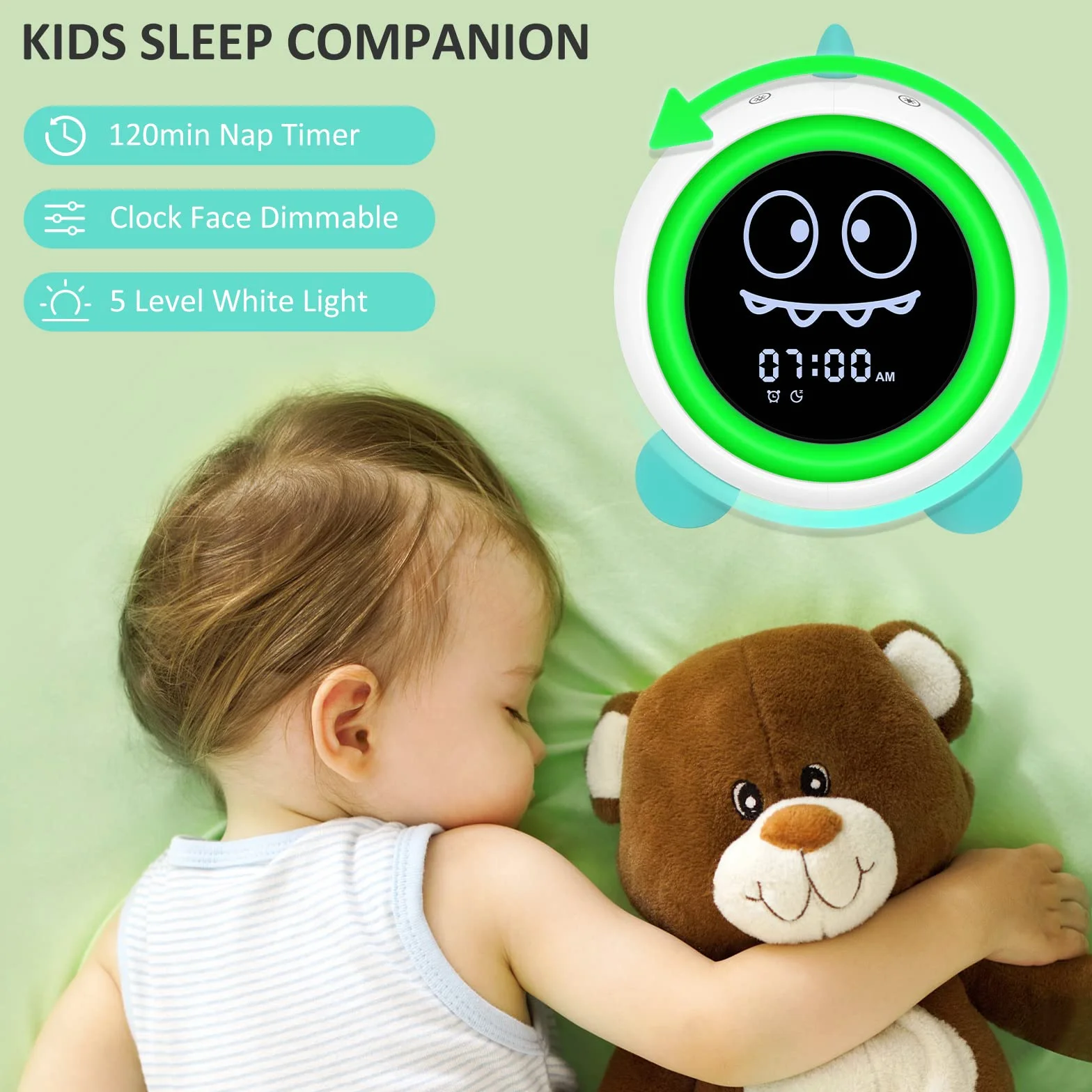 DINOTIME Sonno per bambini, sveglia per bambini, con luce notturna, timer per principianti, ragazze, ragazzi (verde)