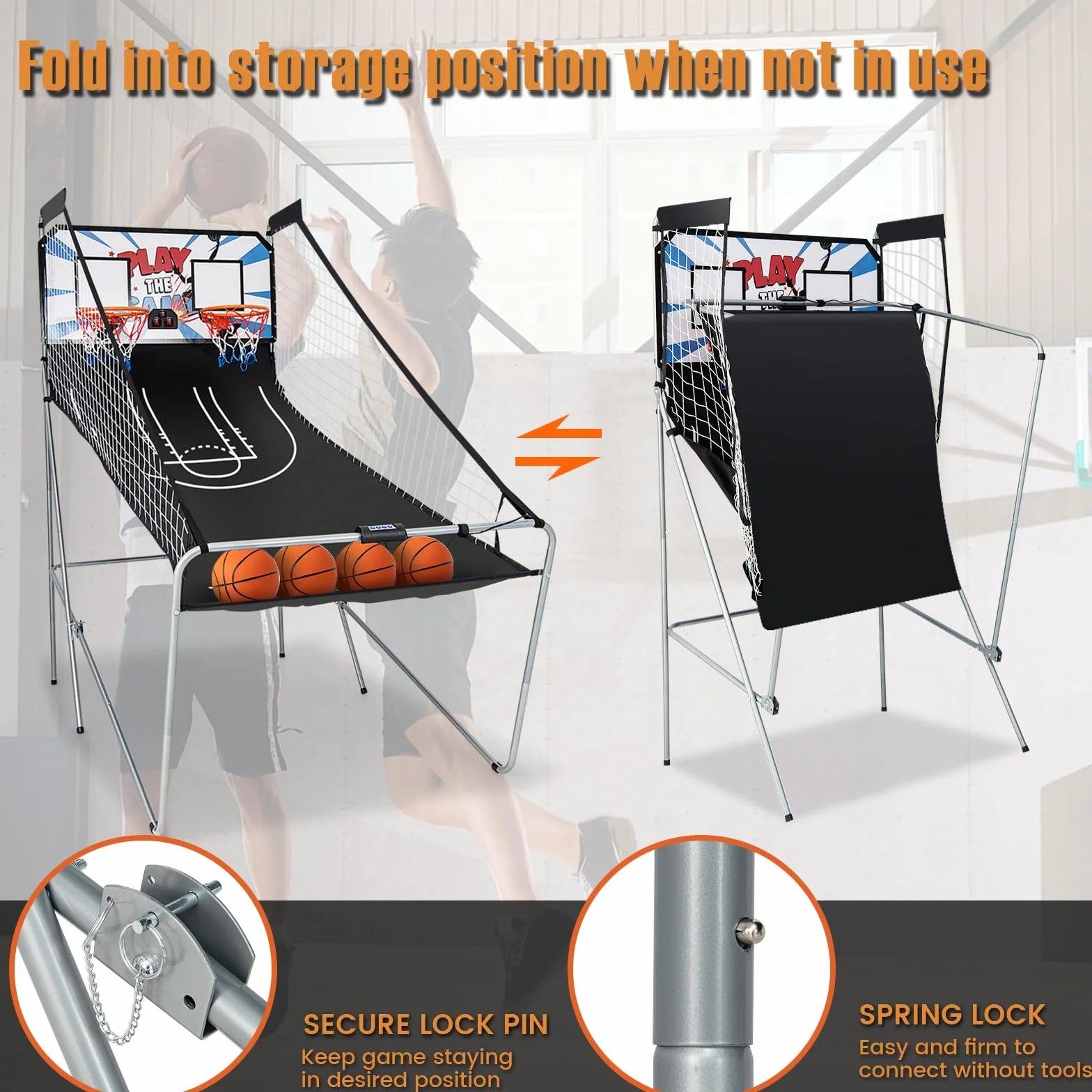 KOMFOTTEU Set di cestini da pallacanestro, arcade pieghevole a doppio cestino con contatore elettronico, 8 in 1 macchina da tiro da basket con 4 palline e pompa, 202 x 107 x 205 cm (bianco)