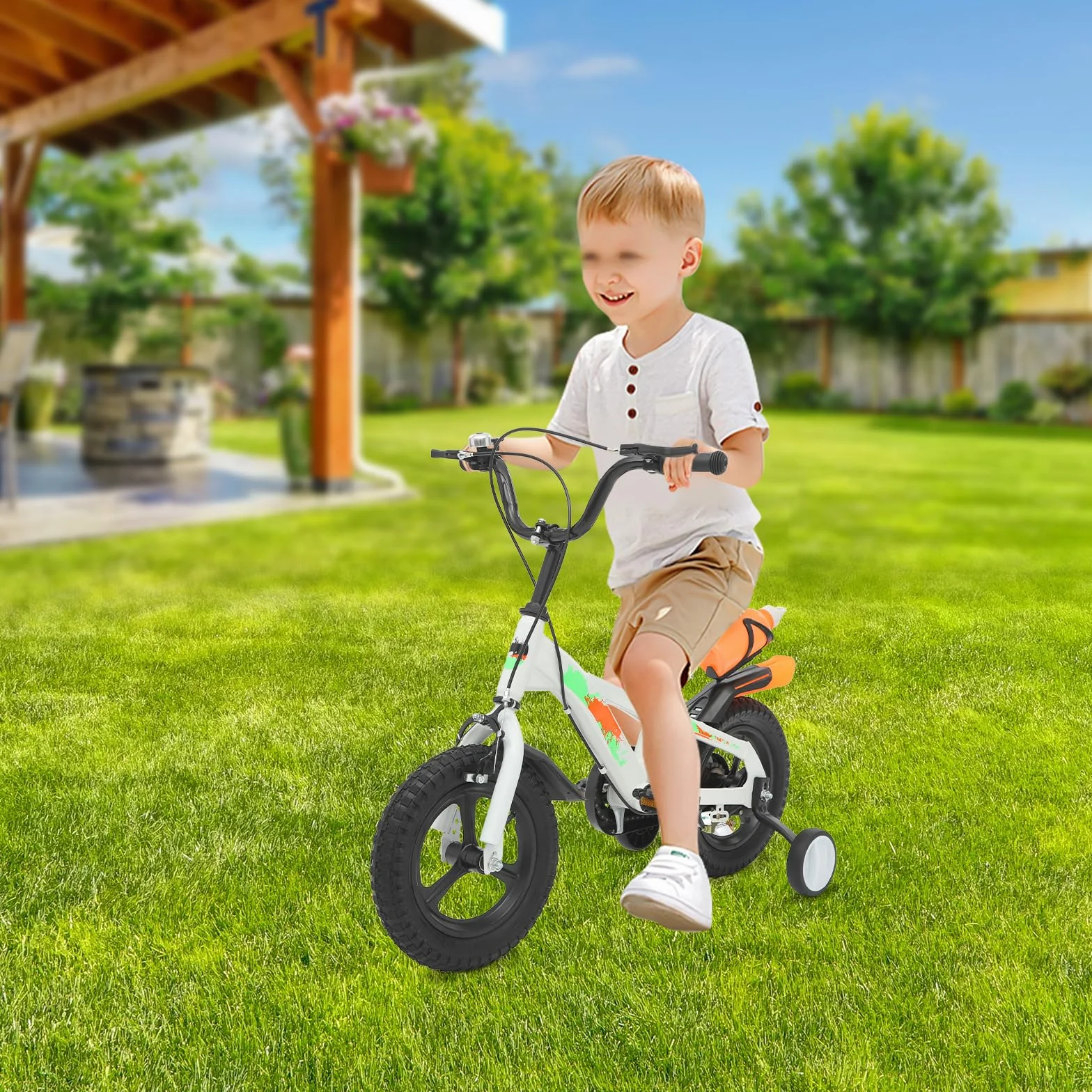 Bicicletta per bambini da 12 pollici, con ruote di supporto e bottiglia d'acqua, regolabile in altezza, bicicletta da allenamento con campanello, per bambini da 2 a 5 anni