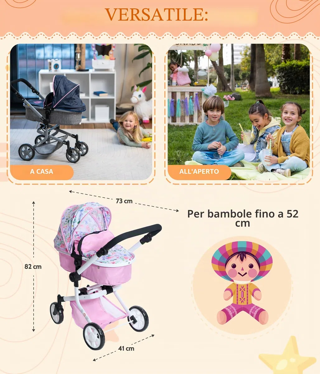 Bayer Chic 2000 - Passeggino per bambole Mika, passeggino combinato 2 in 1 per bambini dai 4 agli 8 anni, passeggino per bambole fino a 52 cm, fiori, rosa