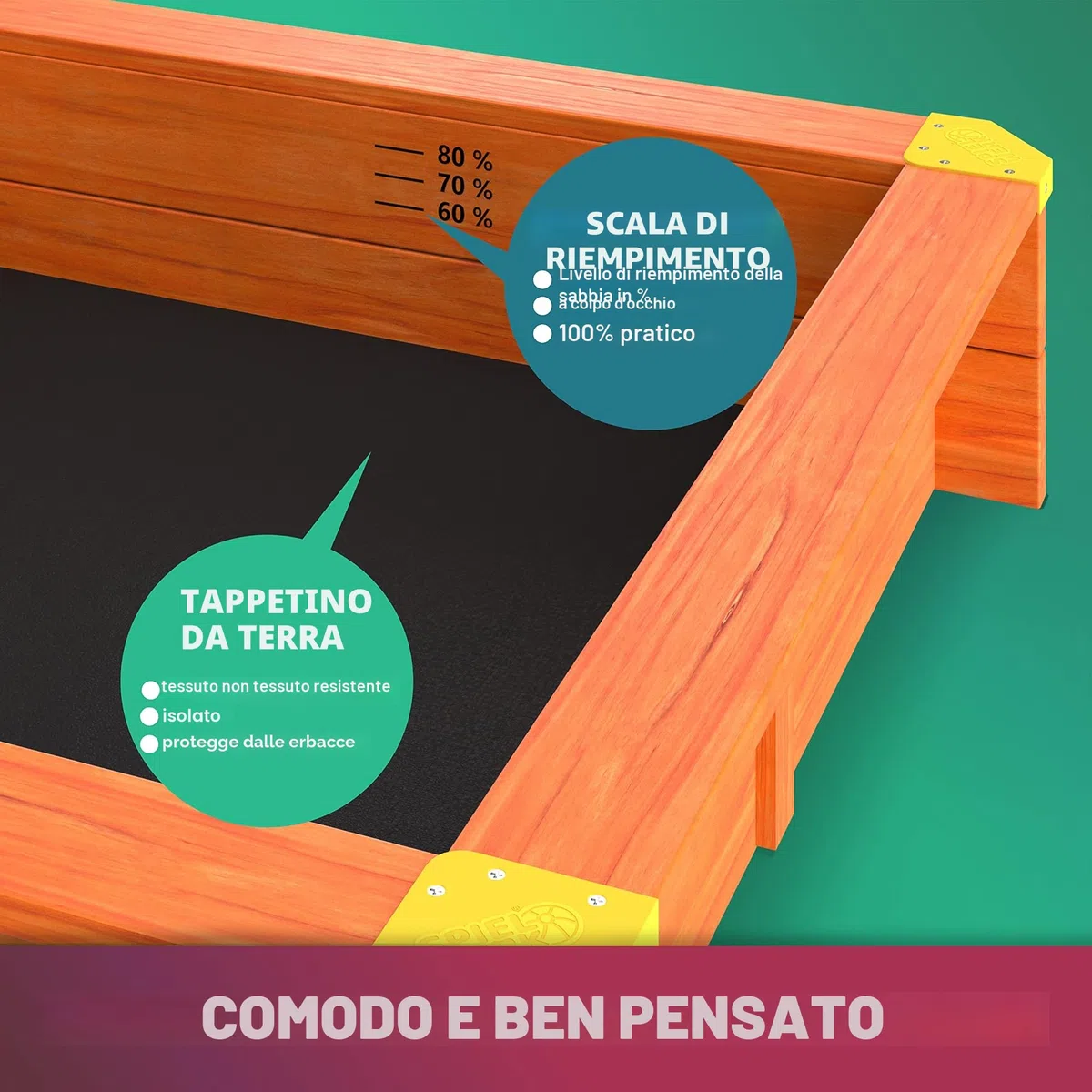 Spielwerk Sabbiera con Tetto 133x127x137cm Protezione UV 50 Legno Naturale Sandbox Bambini Gioco Esterno Playhouse