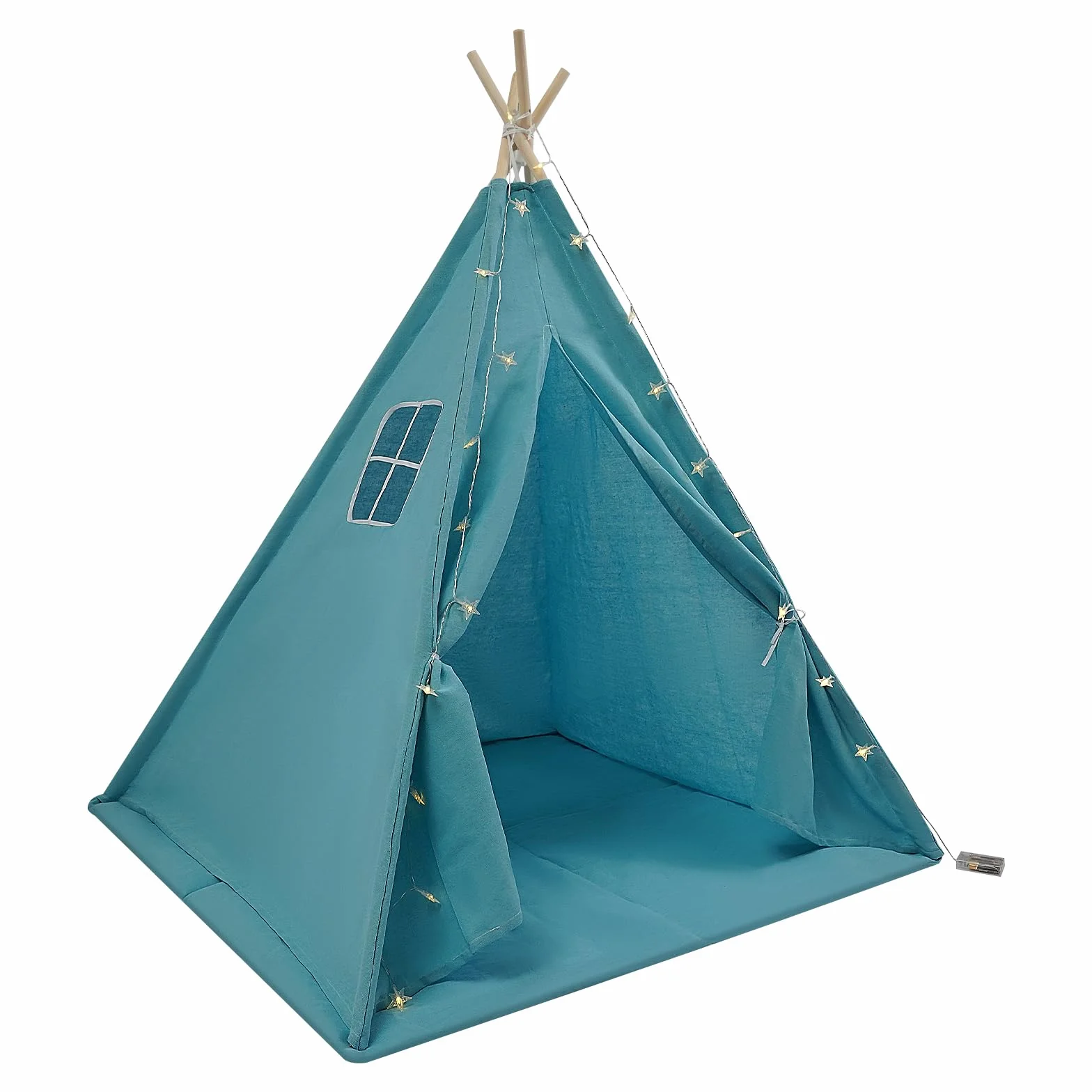 Tipi Tenda per Bambini con Tappetino e Catena Luminosa, Pieghevole in Cotone, Casetta Giocattolo 120 x 120 x 140 cm Blu