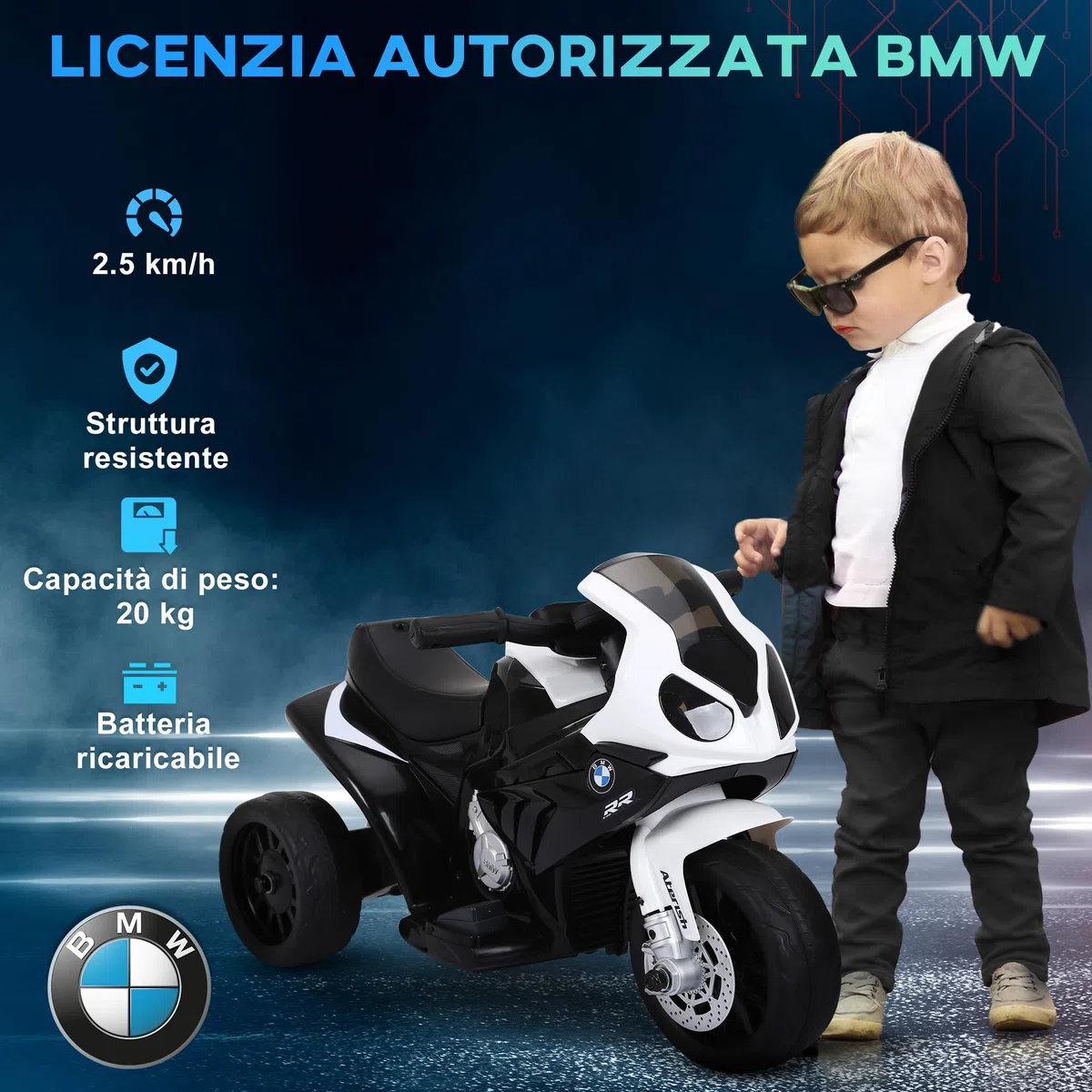 HOMCOM Moto Elettrica per Bambini BMW 20kg 6V 3 Ruote 66x37x44cm