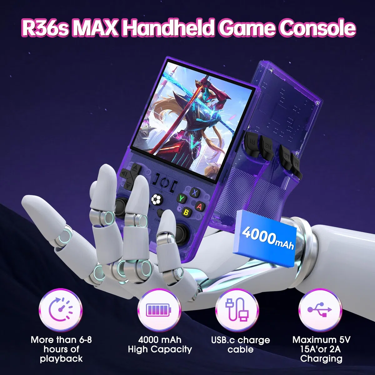 R36MAX - Console da gioco retrò, schermo IPS da 4,0 pollici, memoria 128 GB, 22.000 giochi preinstallati, batteria da 4000 mAh, console portatile per bambini - Viola