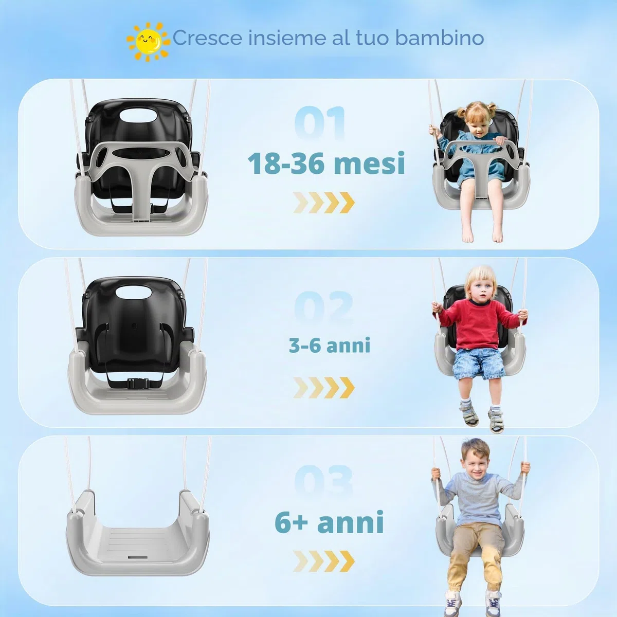 4-in-1altalena da giardino per bambini, Altalene Saltare Su per Bambini per Giochi, Supporto Metallo Pieghevole, Sedili Rimovibili Alta Qualità, 18 Mesi-6 Anni