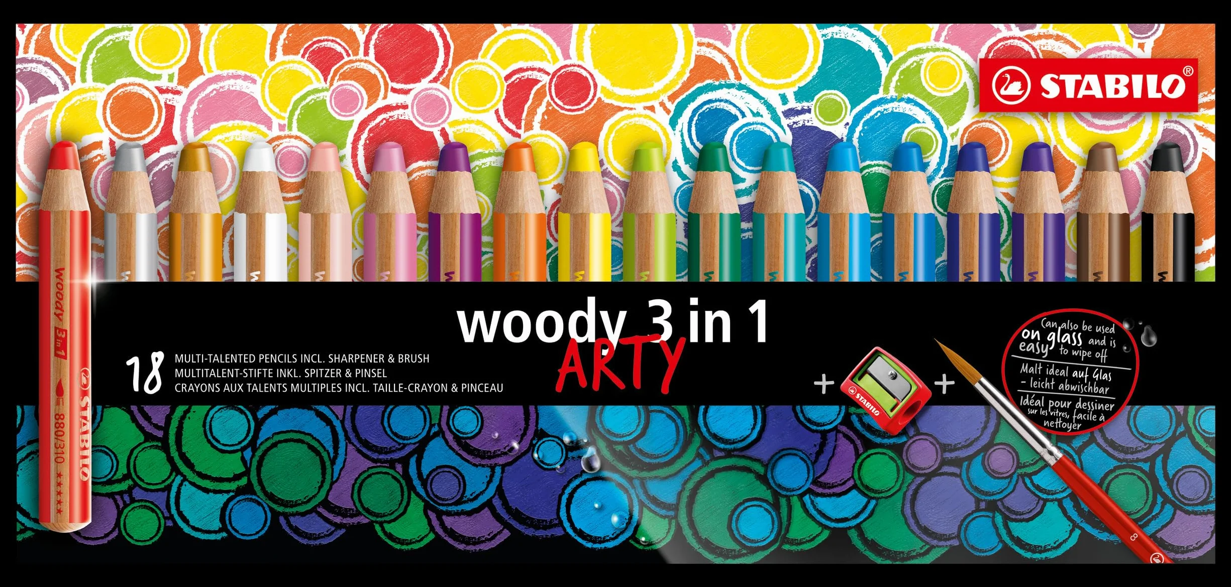 STABILO woody 3 in 1 - Matita colorata Multi-Funzione - ARTY - Astuccio da 18 - con Temperino e Pennello - Colori assortiti