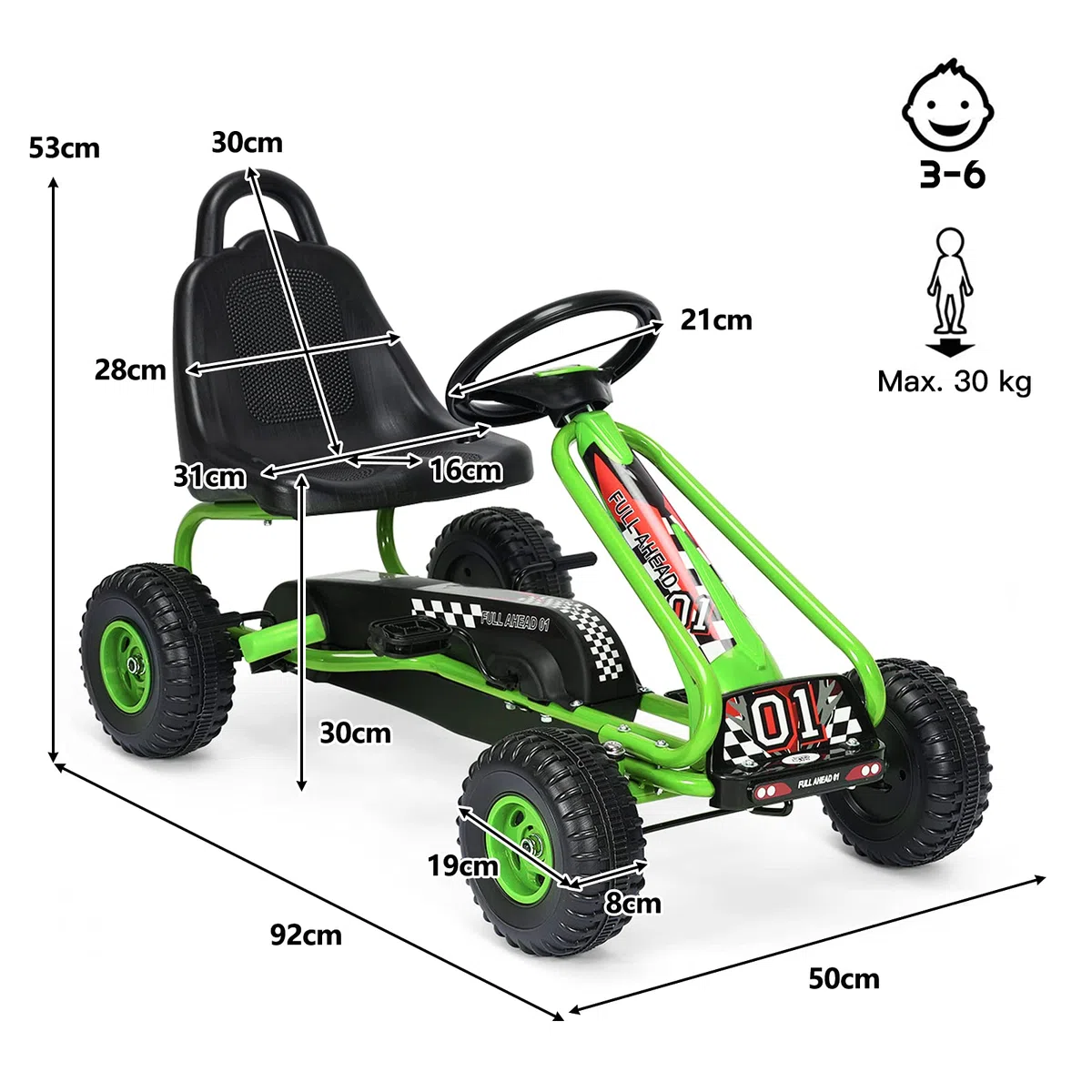 Go Kart dla Dzieci RELAX4LIFE 4 Koła, Fotelik Regulowany, Hamulec Ręczny, Zielony