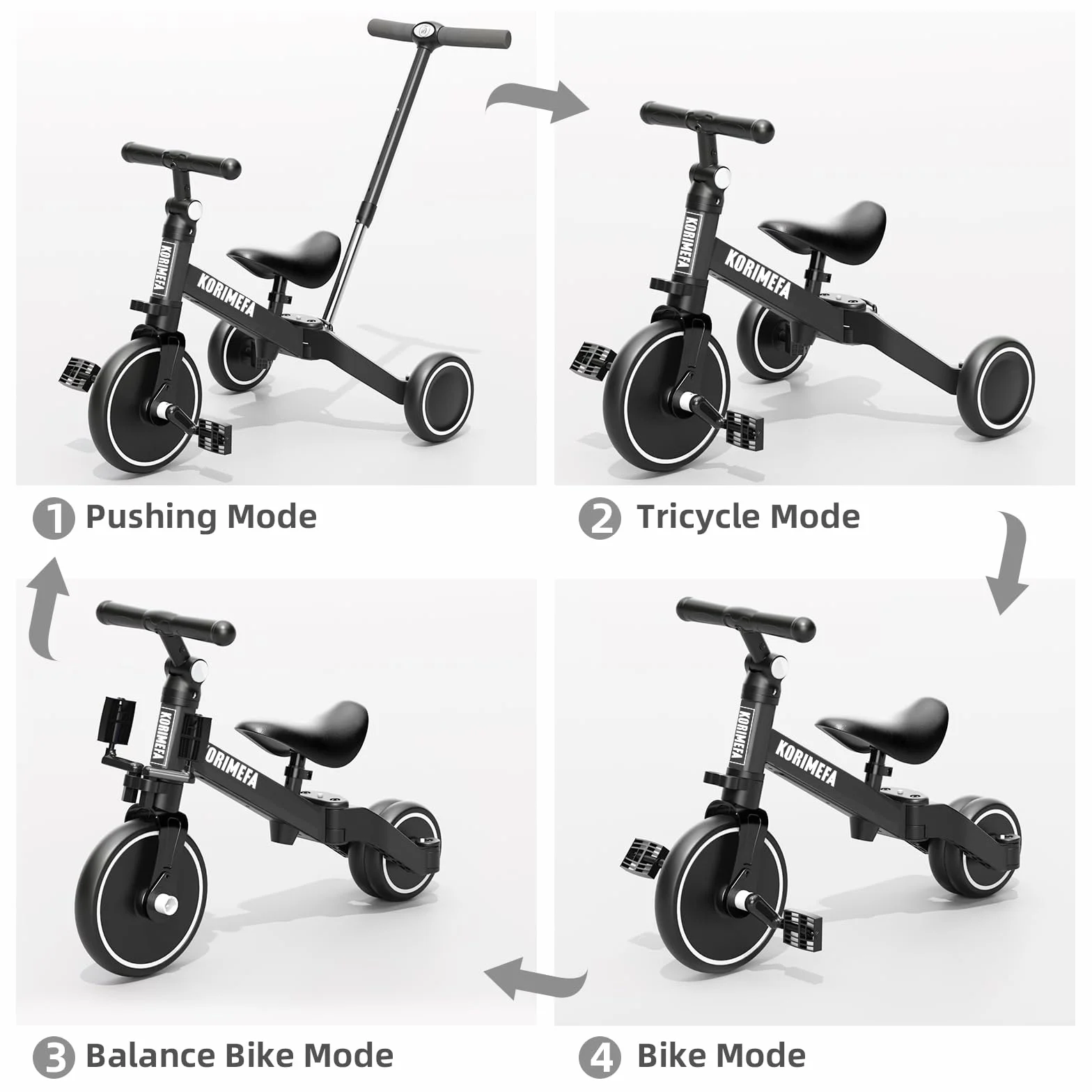 KORIMEFA 4 IN 1 Triciclo Bambini Triciclo con Maniglione di Spinta il Genitore per 1-3 Anni Ragazzi Ragazze Triciclo per Bambini Bicicletta Equilibrio Sedile e Maniglia Regolabili