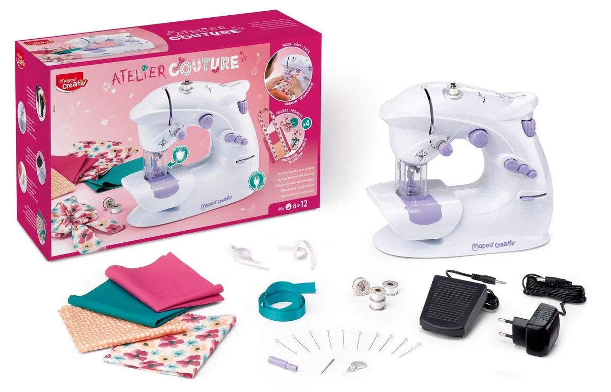 Maped Creativ - Atelier Couture - Macchina da Cucire con 4 Realizzazioni Tendenze da Creare - Kit completo per Principianti, con Sistema di Sicurezza - 8 anni