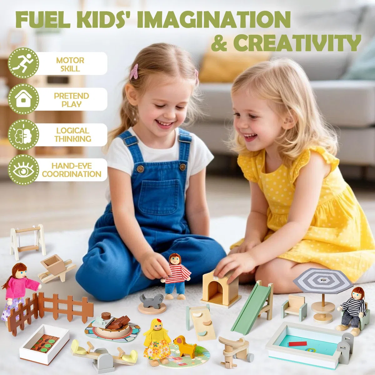 Atoylink 26 PCS Mobili in Legno per Casa delle Bambole con 4 Bambole, Accessori, Regalo di Compleanno per Bambini 3-6 Anni