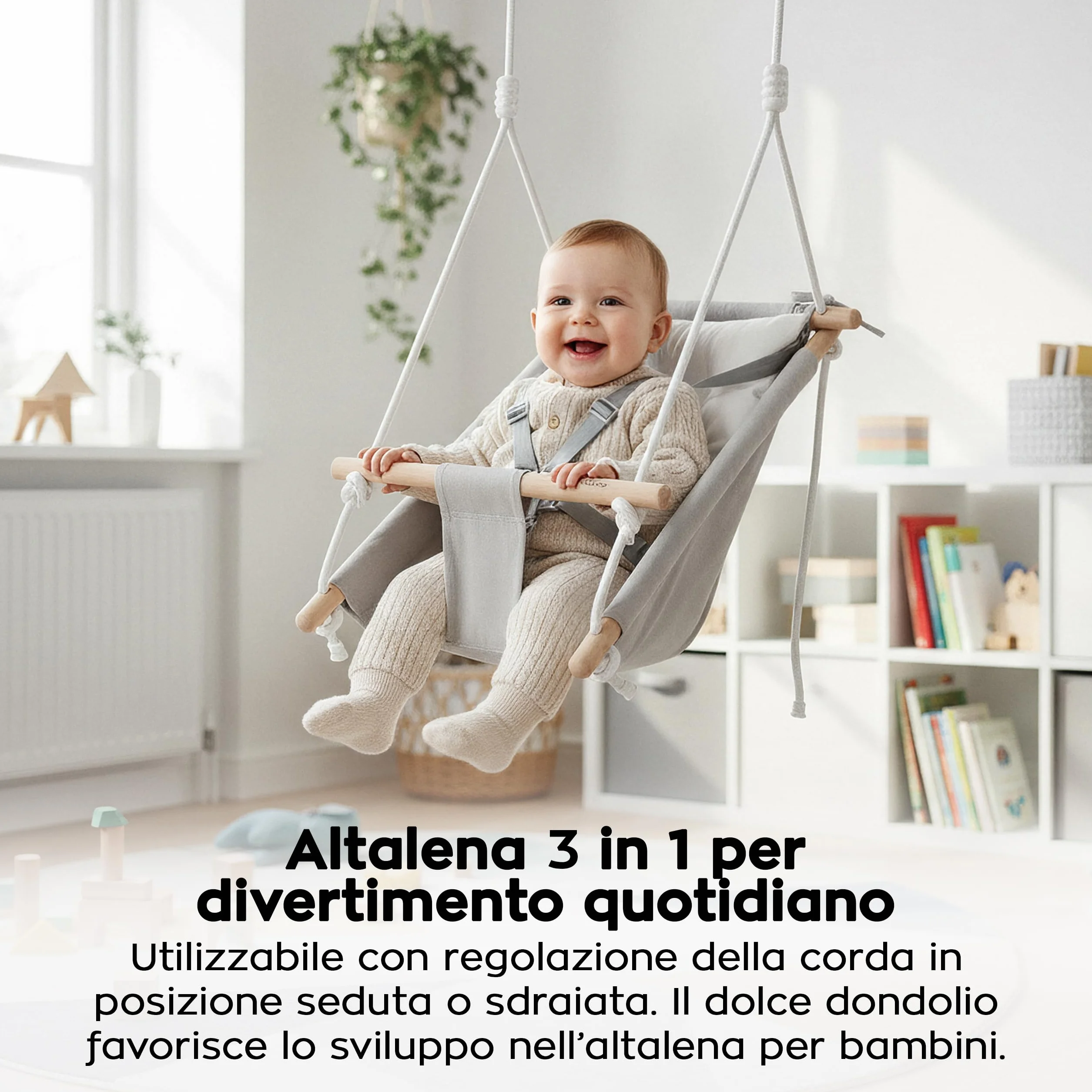 Tulano Hop 40 Altalena per bambini 3in1 - Altalena sospesa e seggiolino in cotone e legno - Dai 6 mesi - Imbottitura sicura - Portata 60 kg - Per interno ed esterno - Grigio