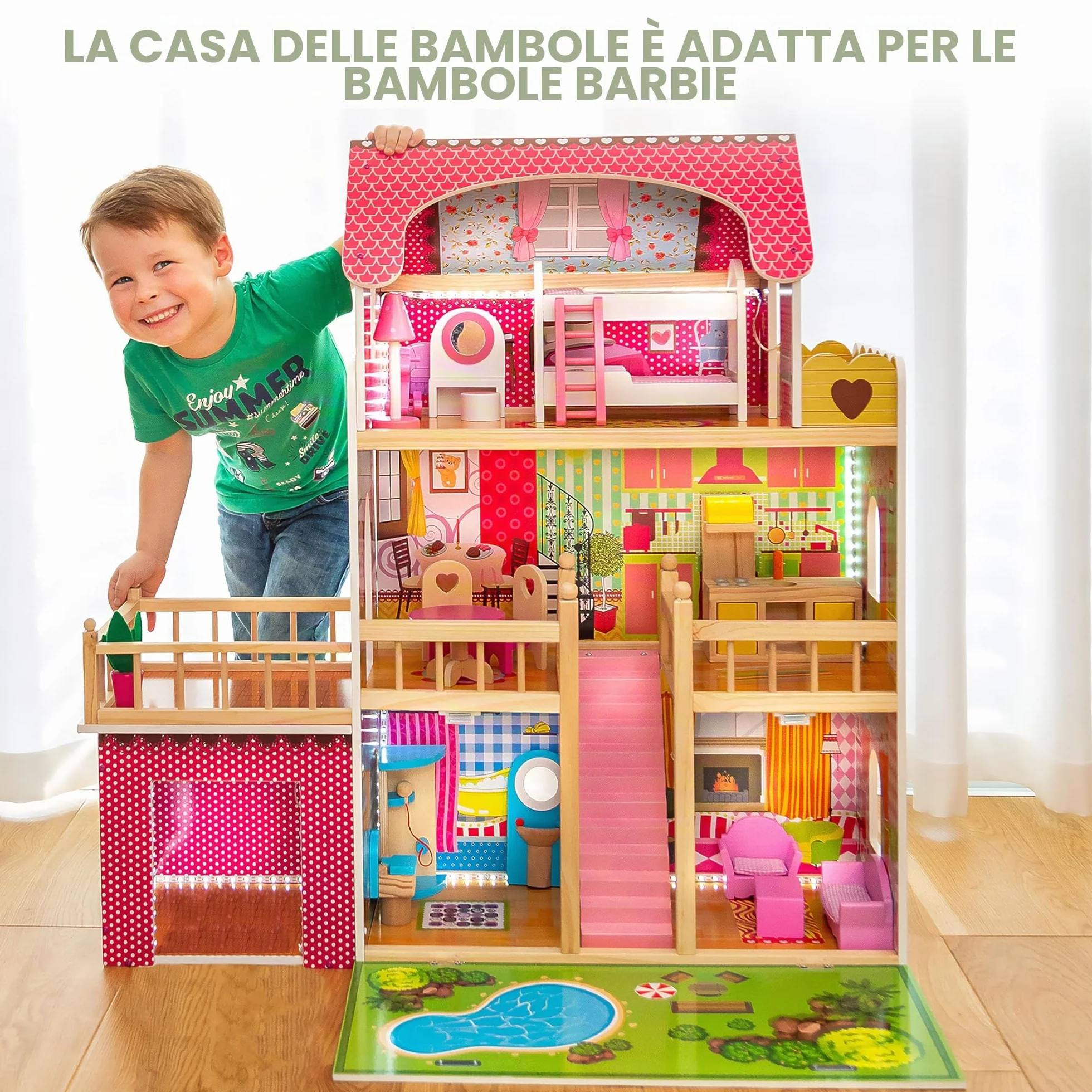 Kinderplay Green Series Casa delle Bambole in Legno – Villa a 3 Piani con LED, Giardino e Garage – Arredi Inclusi – 90x60x90 cm – Modello GS0020