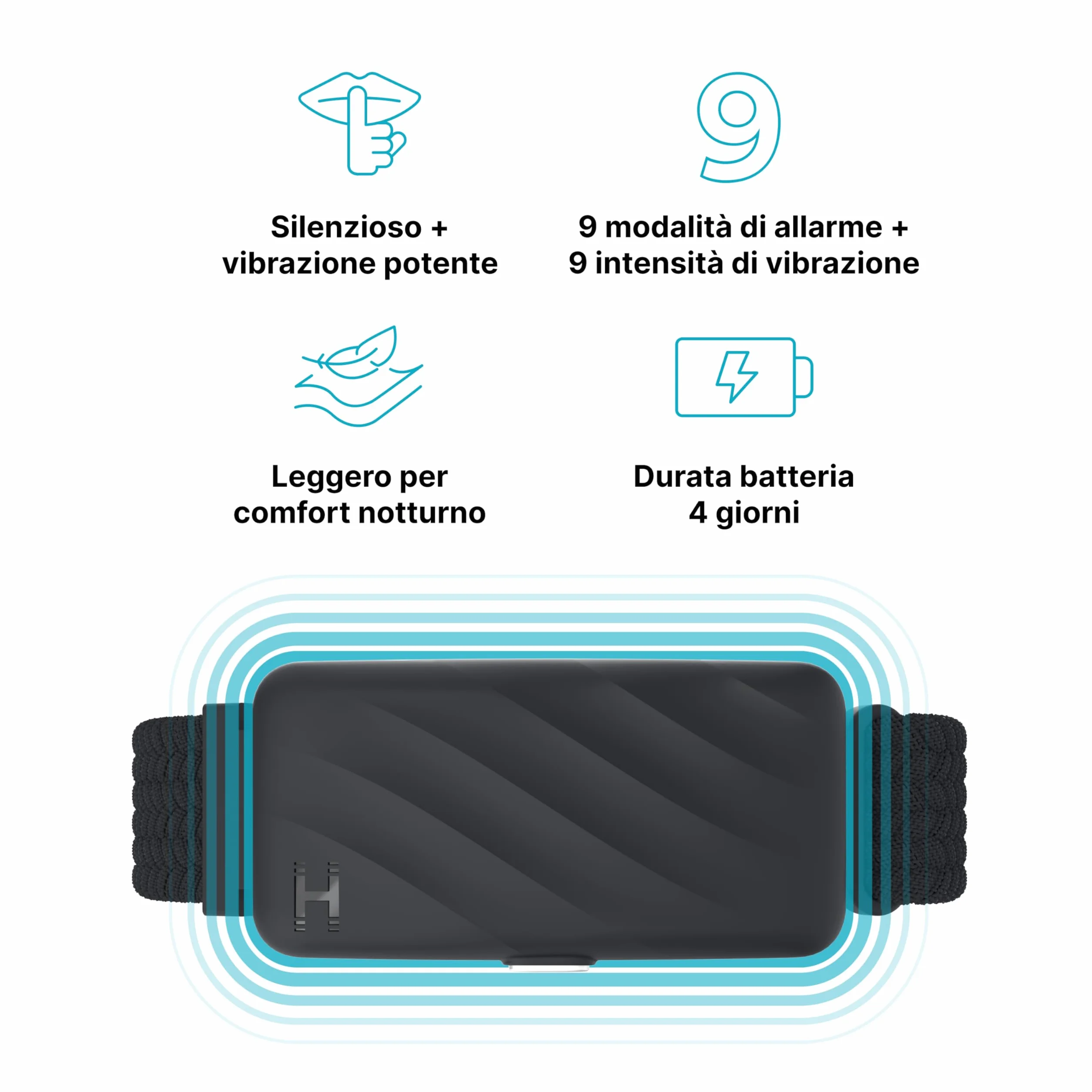 Homedics WakeBand Braccialetto con Allarme Vibrante - Sveglia silenziosa con 9 Modalità e Funzione Snooze, Controllo dell'app, Sveglia con Vibrazione Delicata, Fascia in Tessuto Morbido, Nero