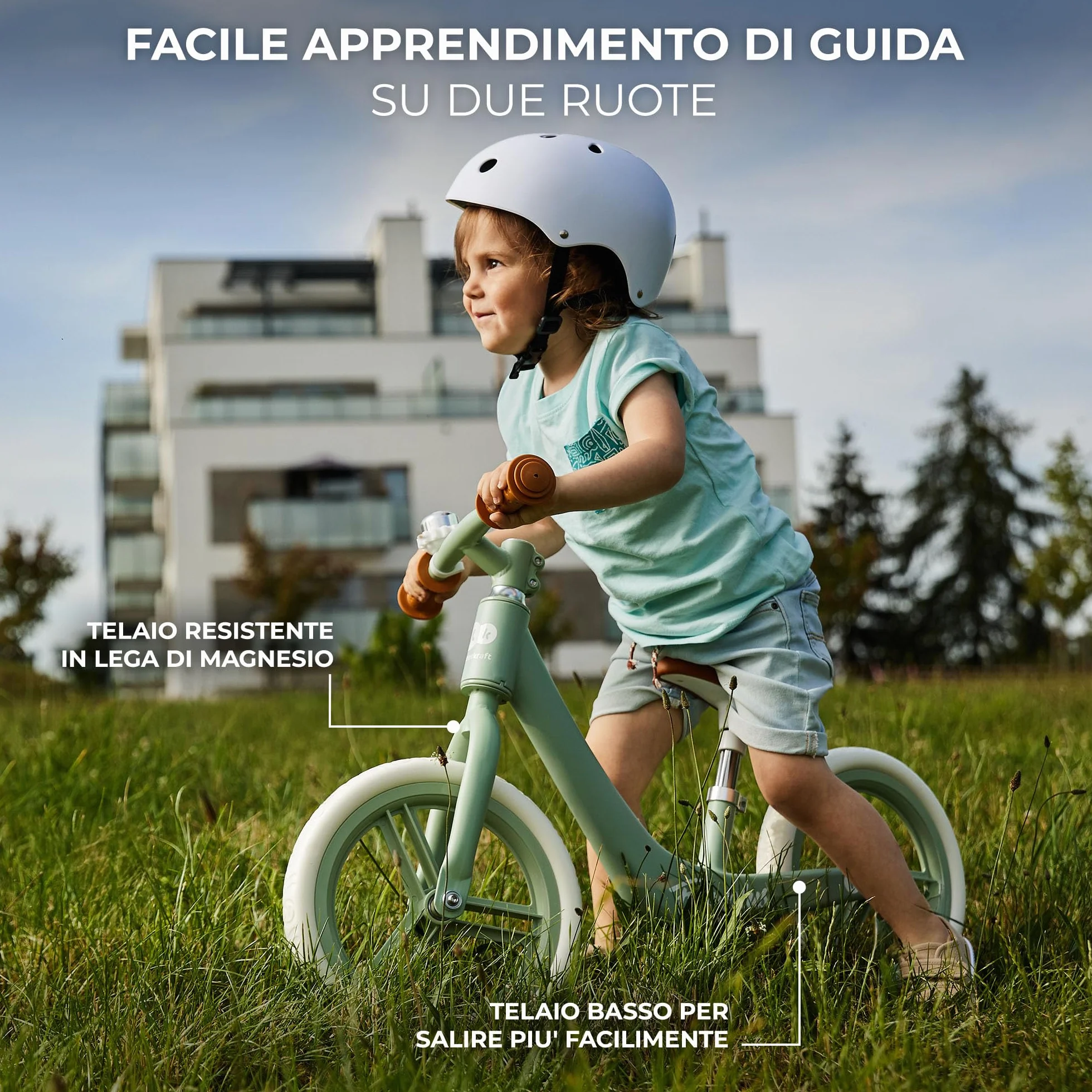 Kinderkraft FLY PLUS 2 Bicicletta bambini, Leggero Bici Senza Pedali, Stile Retro, Magnesium, Design retro, fino 2 Anni, Struttura leggera, 2.8kg, Sellino regolabile, Verde