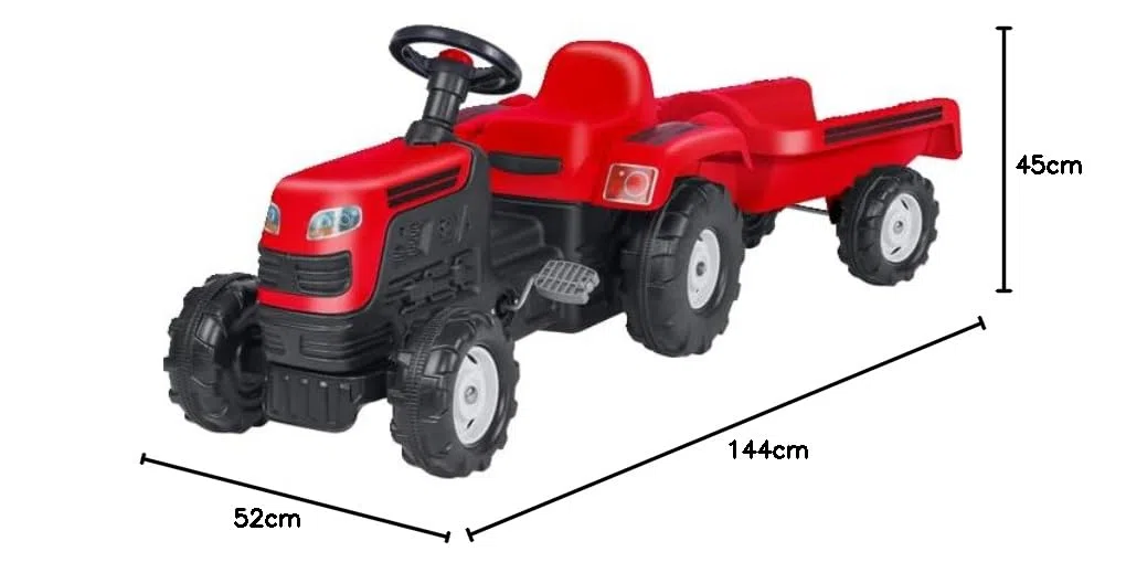 DOLU Trattore Rosso a Pedali per Bambini con Rimorchio Removibile 144x52x45 cm