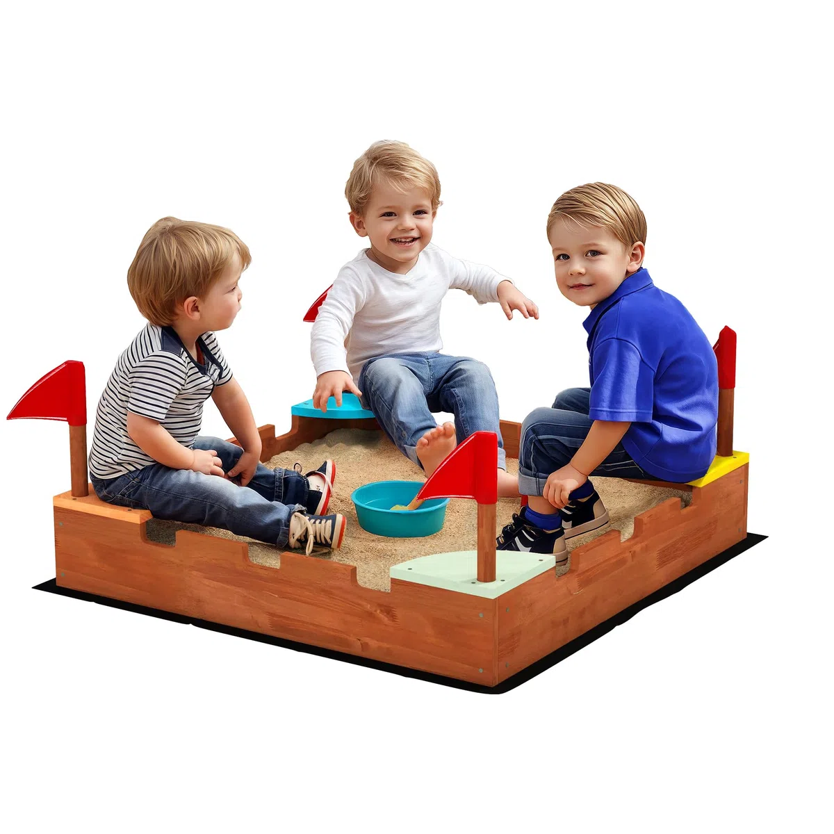AIYAPLAY Sabbiera per Bambini 3-7 Anni a Forma di Castello con 4 Sedute con Bandierine, Sabbionaia per Bambini in Legno di Abete, 90x90x17 cm, Multicolore