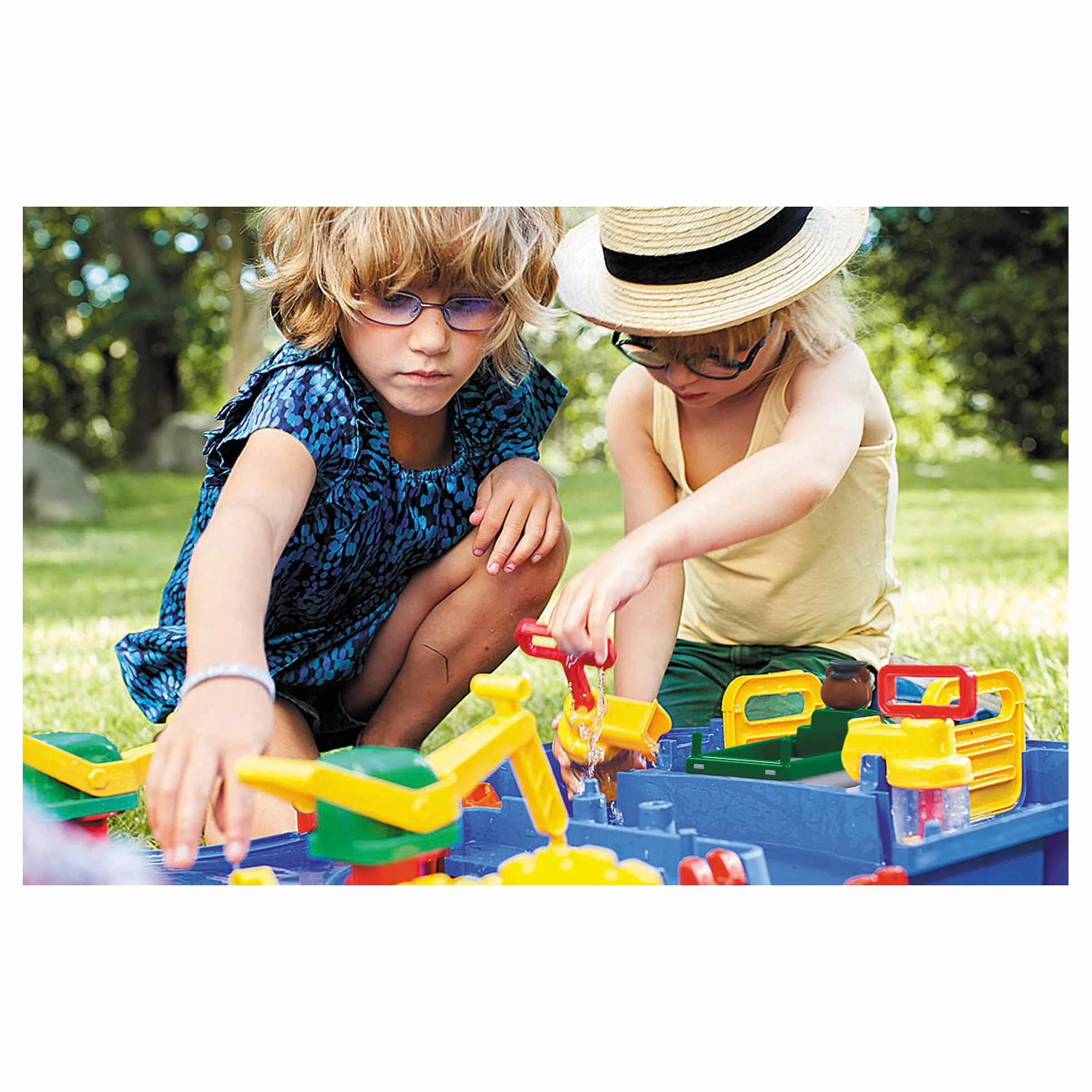 Tavolo d'Acqua per Bambini, Tavolo da Gioco colorato con Sistema di canali funzionanti, Gru, Ponti, Barca e Giocattolo per Auto, dai 3 Anni in su