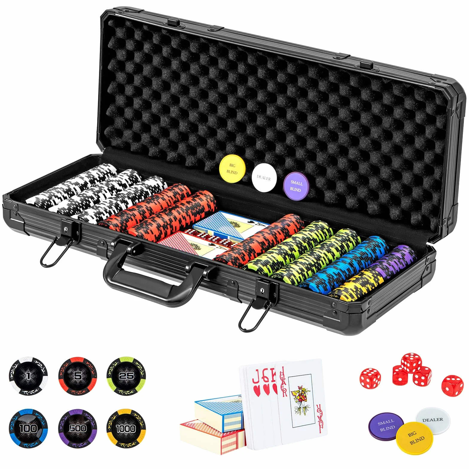 COSTWAY Poker Chips, Set di Fiches da Poker con 500/300 Chips e Custodia in Alluminio, Mazzo di Carte 5 Dadi, Set di Fiches per Party Viaggi e Feste (500 chips)