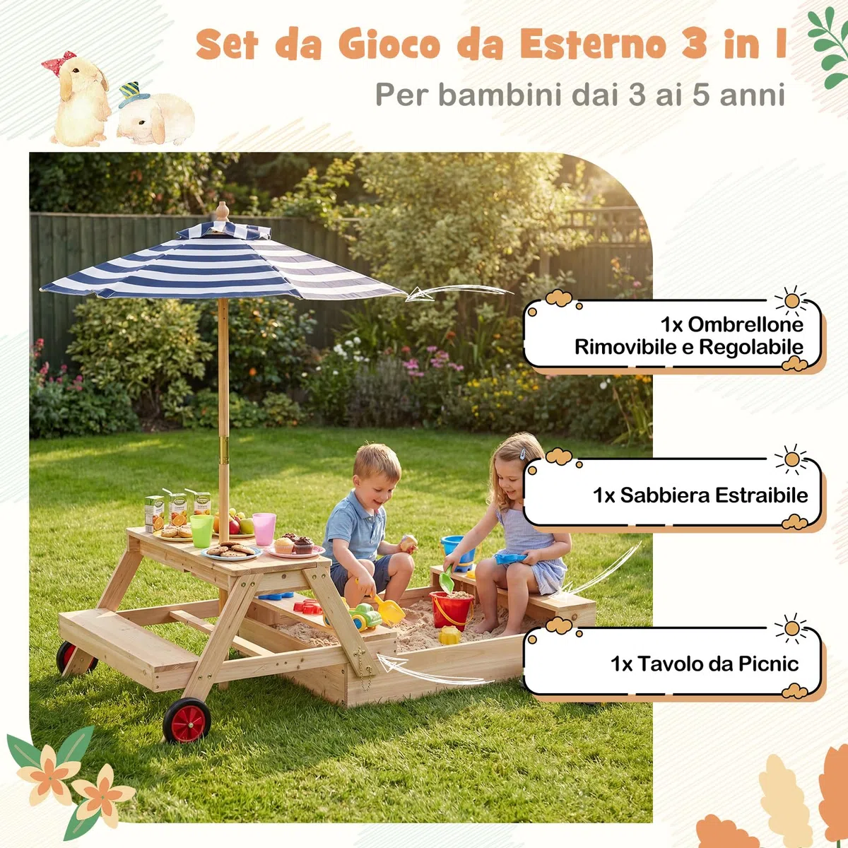 COSTWAY 3 in 1 Sabbiera in Legno, Tavolo da Picnic per Bambini Trasformabile con Panche, Ombrellone Rimovibile e Ruote, Set da Gioco per Bambini 3-5 Anni, per Esterno e Giardino