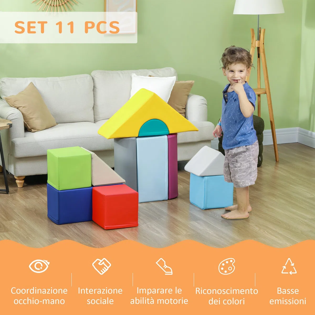 HOMCOM Set di 11 Blocchi Morbidi in Schiuma e PU per Bambini 1-3 Anni, Giocattoli per Arrampicata Multicolore