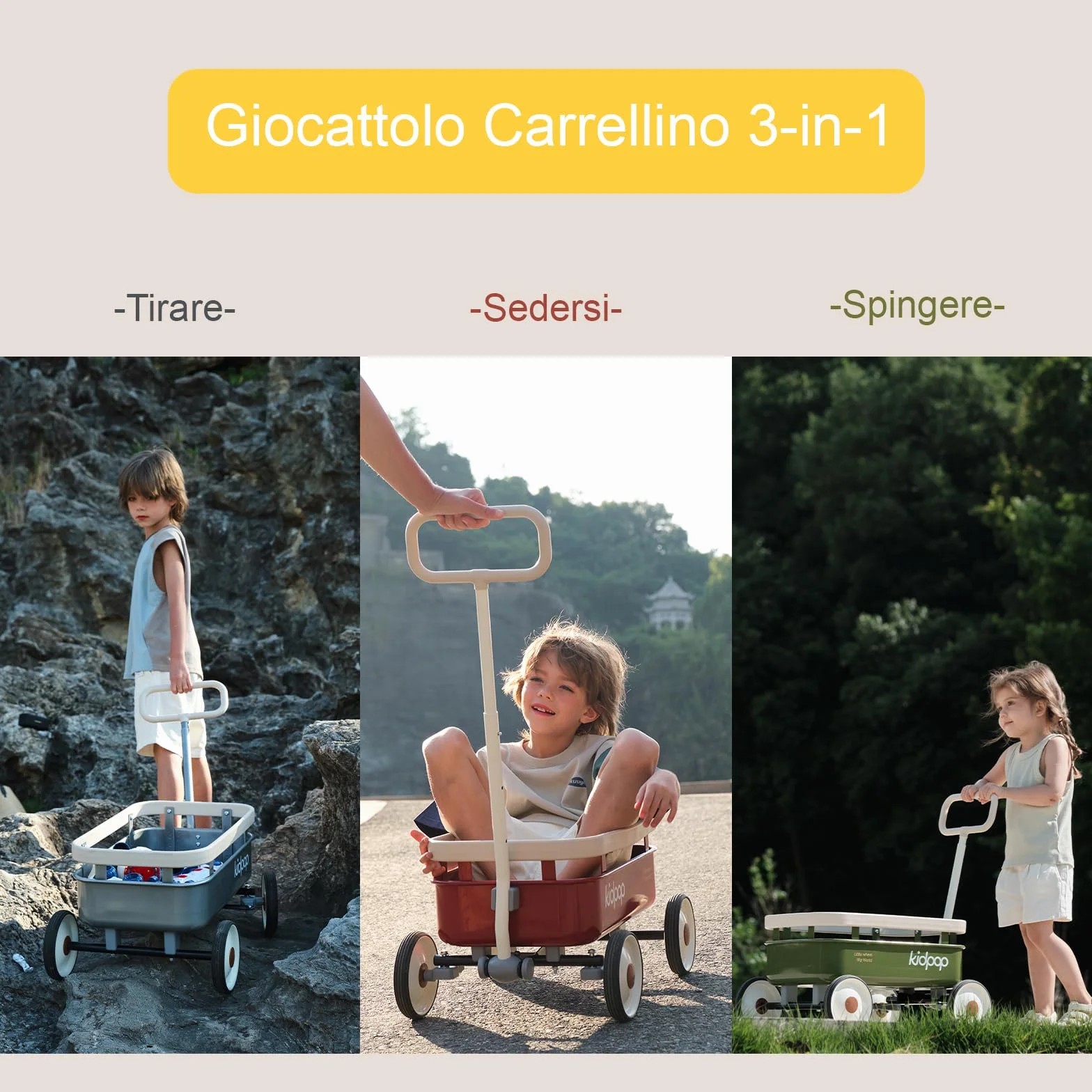 Kidpop PULA-Wild 3 in 1- Carrello a mano per bambini, 2,5-8 anni, copertura in legno rimovibile e manubrio regolabile, regalo di compleanno, peso massimo 16 kg, rosso
