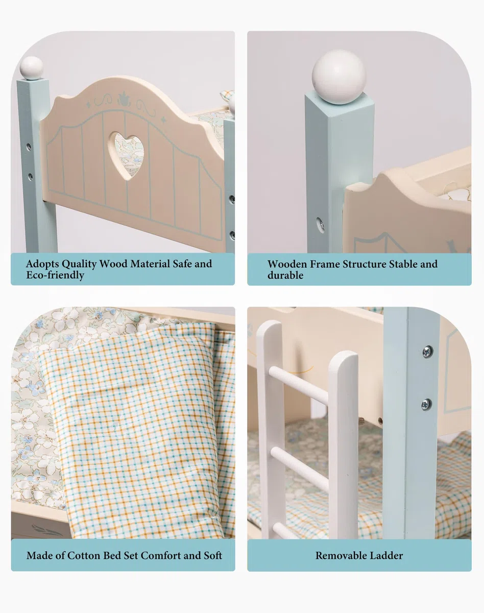 ROBOTIME Letto a castello per bambole in legno da 18", lettino per bambole trasformabile con scaletta e biancheria da letto, culla per bambole impilabile, regalo perfetto per bambini, blu