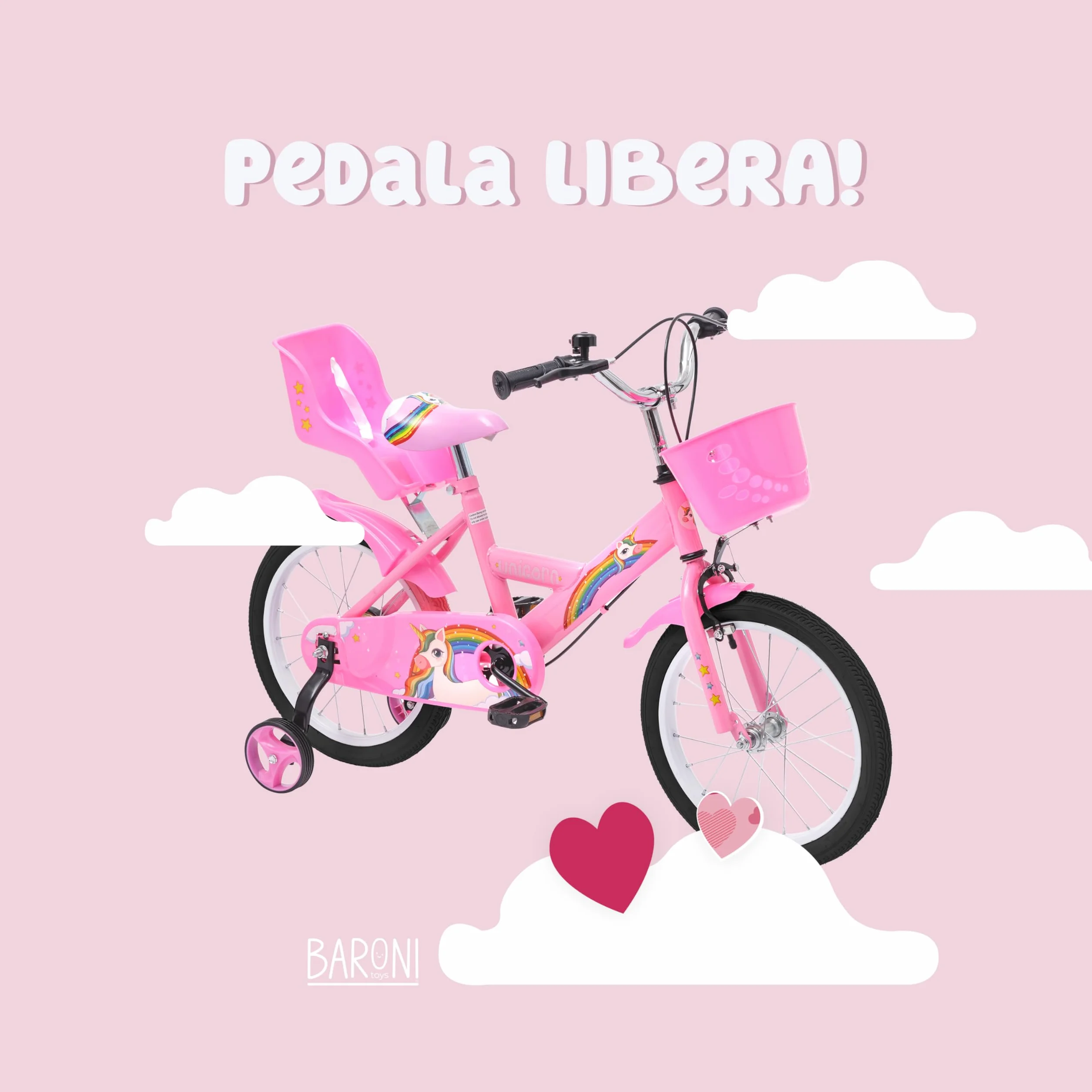 Baroni Toys Bicicletta per Bambine 12 & 14 & 16 Pollici con Unicorno con Porta Bambola e Rotelle Inclusi, Bici in Acciaio con Cestino per Bambina dai 2 ai 7 anni