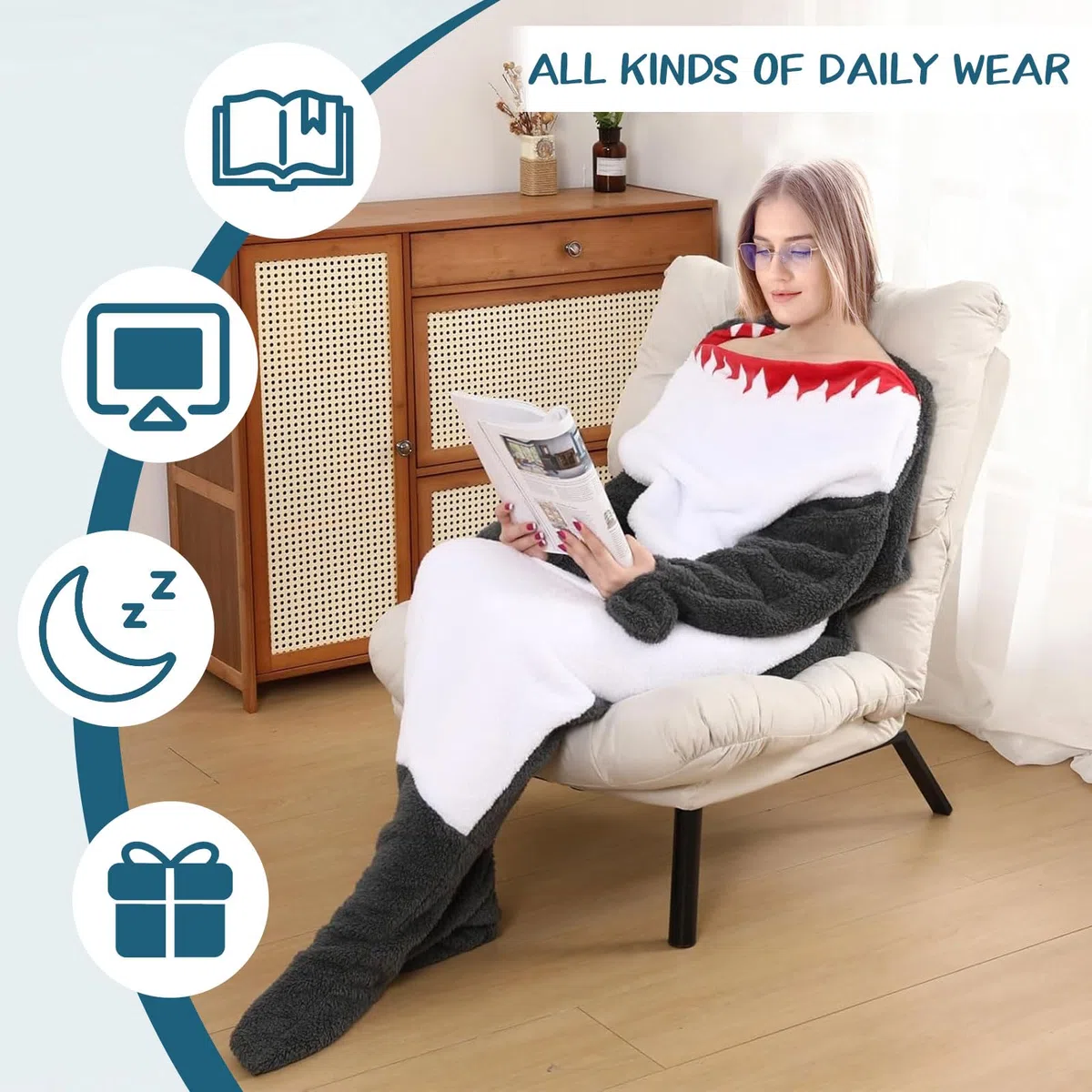 MeYuxg Coperta morbida in flanella, con cappuccio, per adulti e bambini, ideale come regalo per donne, Grigio scuro Squalo Sacco a pelo 170, 170 cm