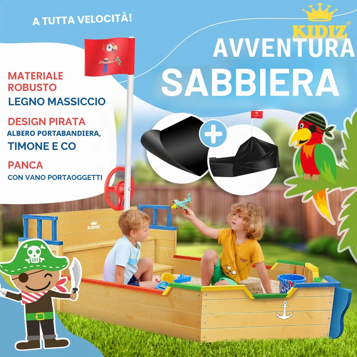 KIDIZ® Sabbiera per bambini Ahoy - nave pirata - barca giocattolo - barca a vela in legno - incl. copertura protettiva, colorato