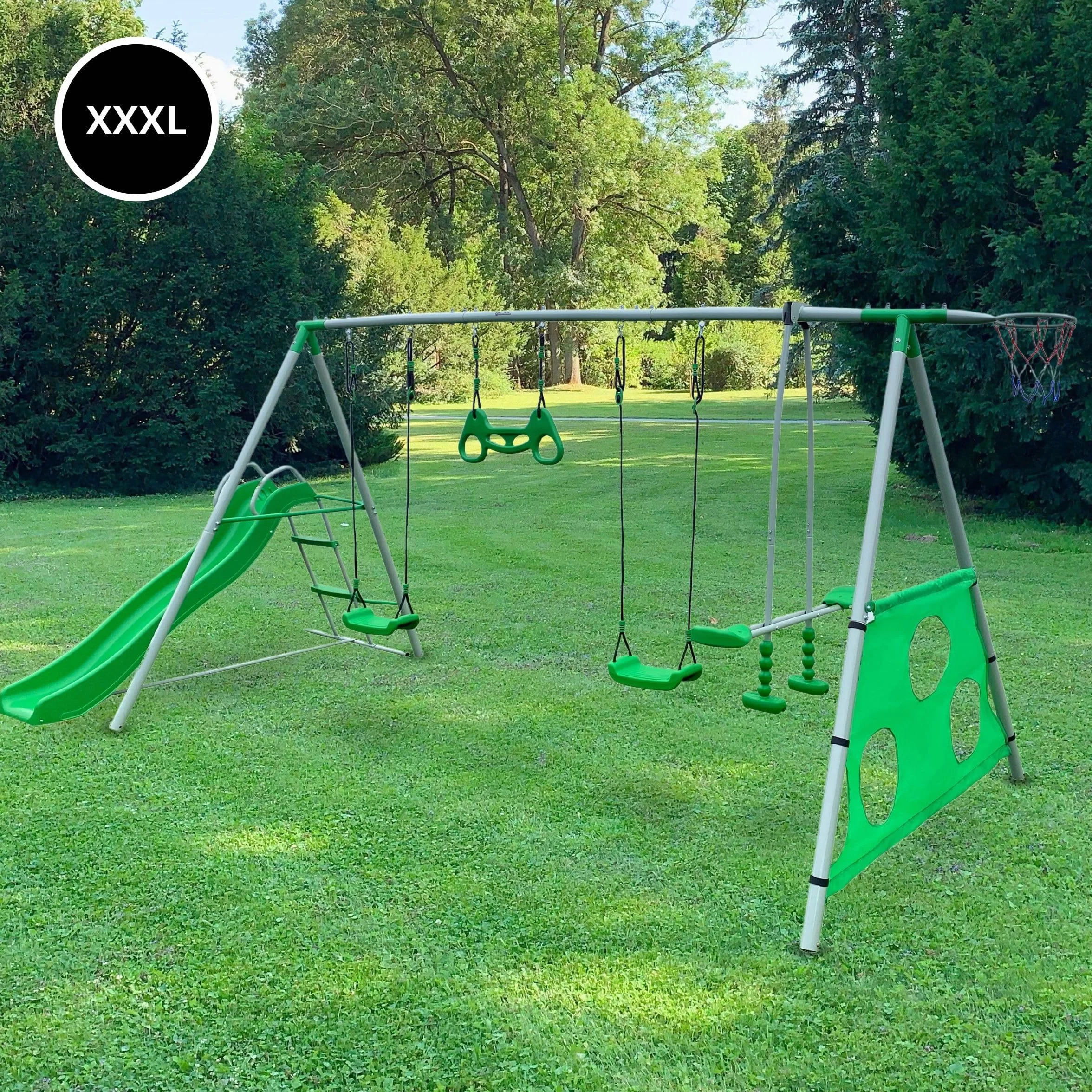 HyperMotion Swing HYP9 Parco giochi XXXL - Altalene Doppia e Singola, Scivolo, Trapezio, Cestino Basket, Scot Calcio - per 6 Bambini 3+ anni, 300 kg Max - Verde