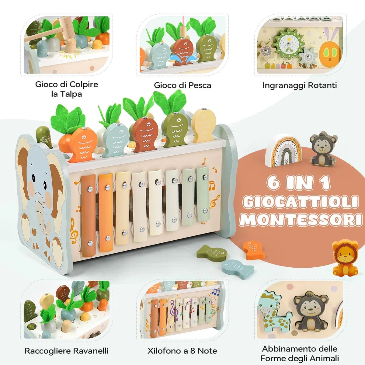Giochi Montessori 1 Anno, Giocattoli Legno 6 in 1 con Acchiappa Talpa, Pesca, Xilofono per Bambini 1-3 Anni